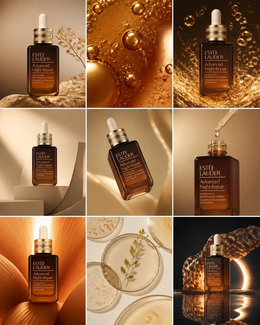 3×3 grid (4:5) luxury campaign, product centered and cons...