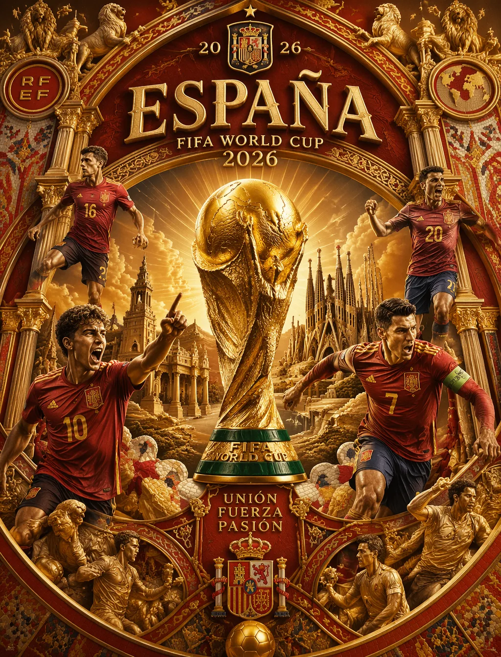 Ultra-detailed 3D baroque poster, Spain World Cup 2026, F...