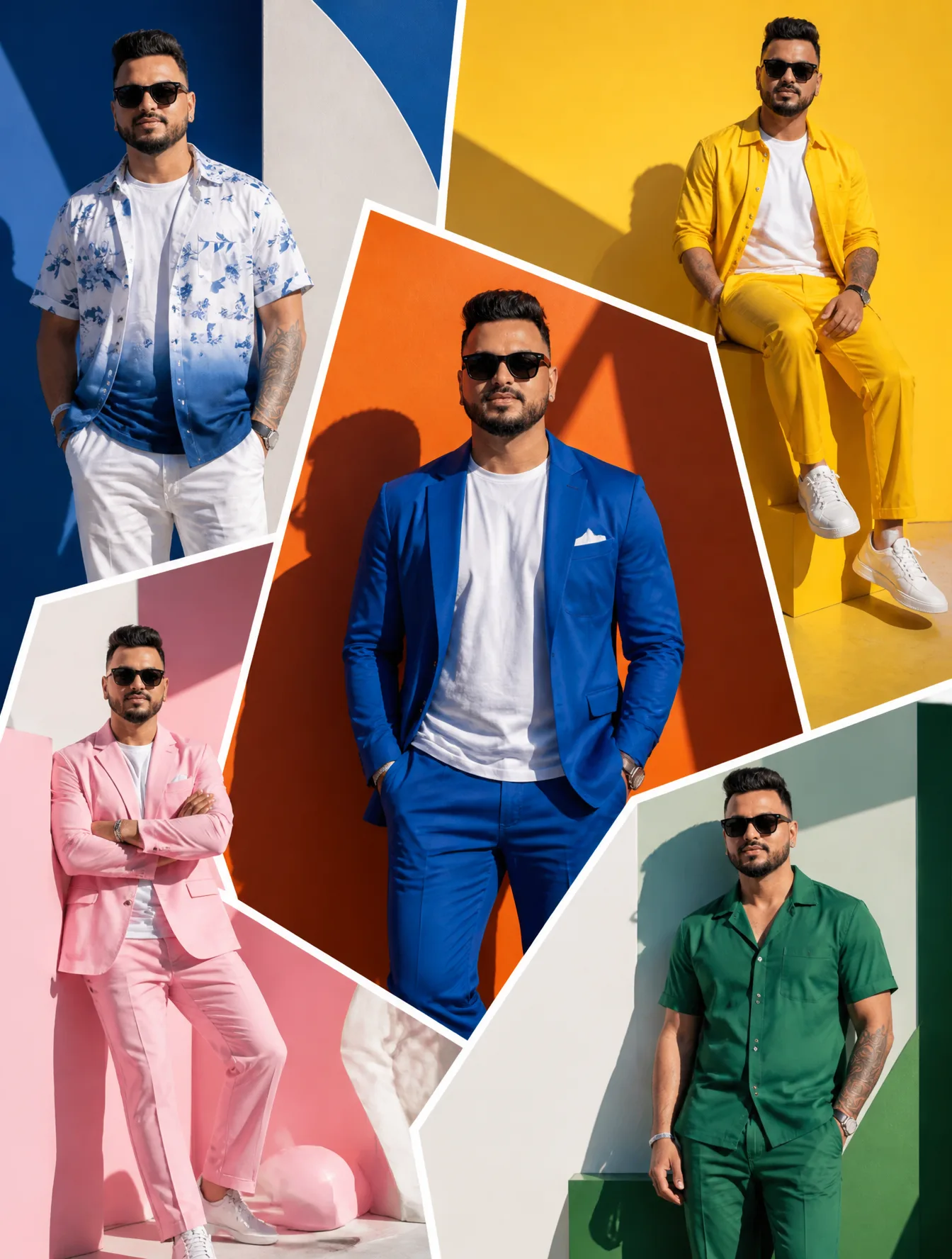 The SAME male model displayed across oversized random-sha...
