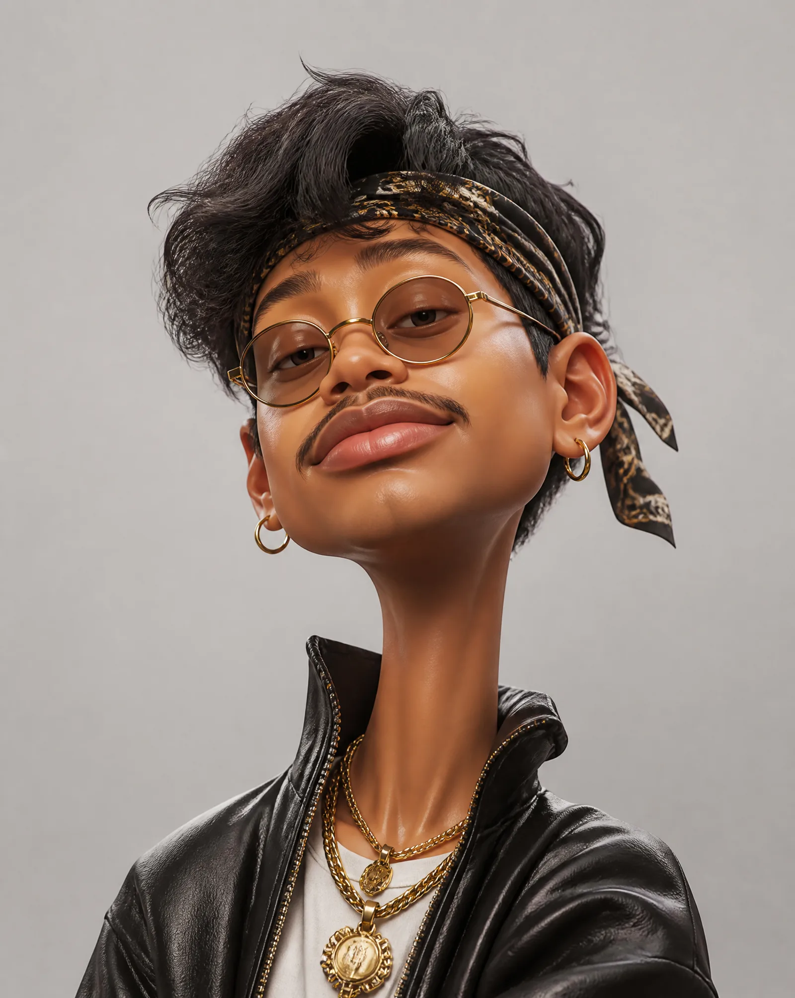 Create an exaggerated stylized 3D caricature character po...