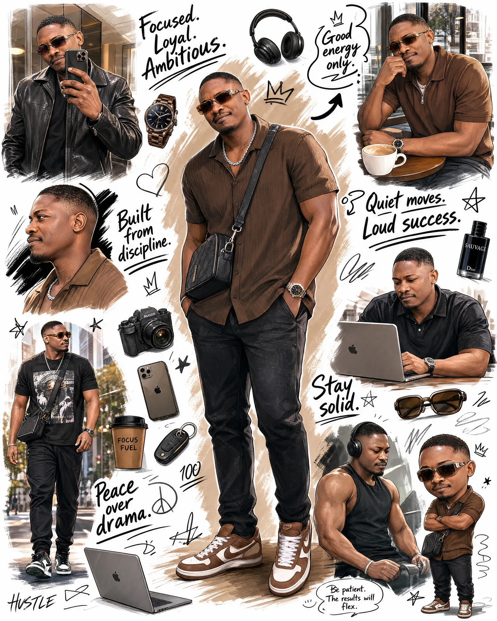 A hyper-detailed illustrated lifestyle collage of a styli...