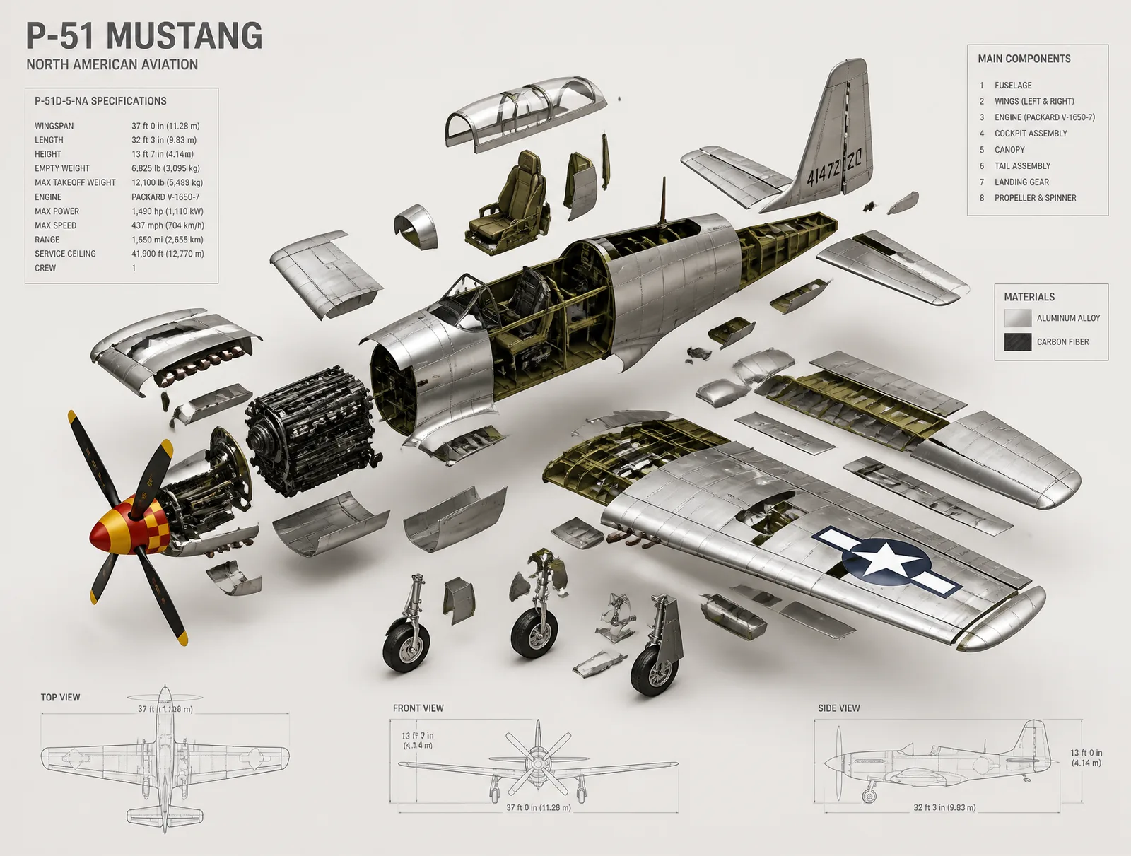 High-end 3D CAD exploded view diagram of a [p51 mustang],...