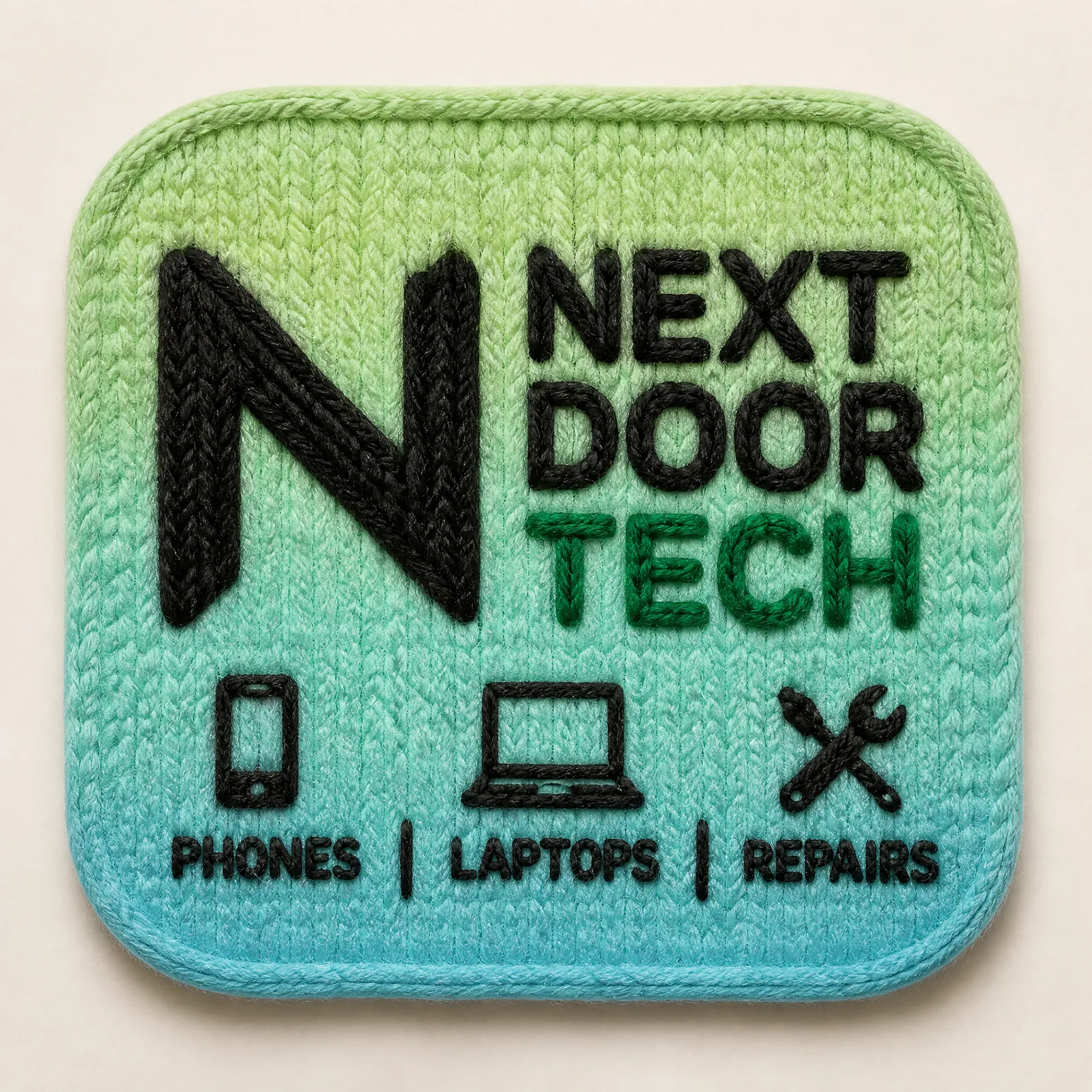 NEXT DOOR TECH logo made from thick knitted wool yarn, ha...