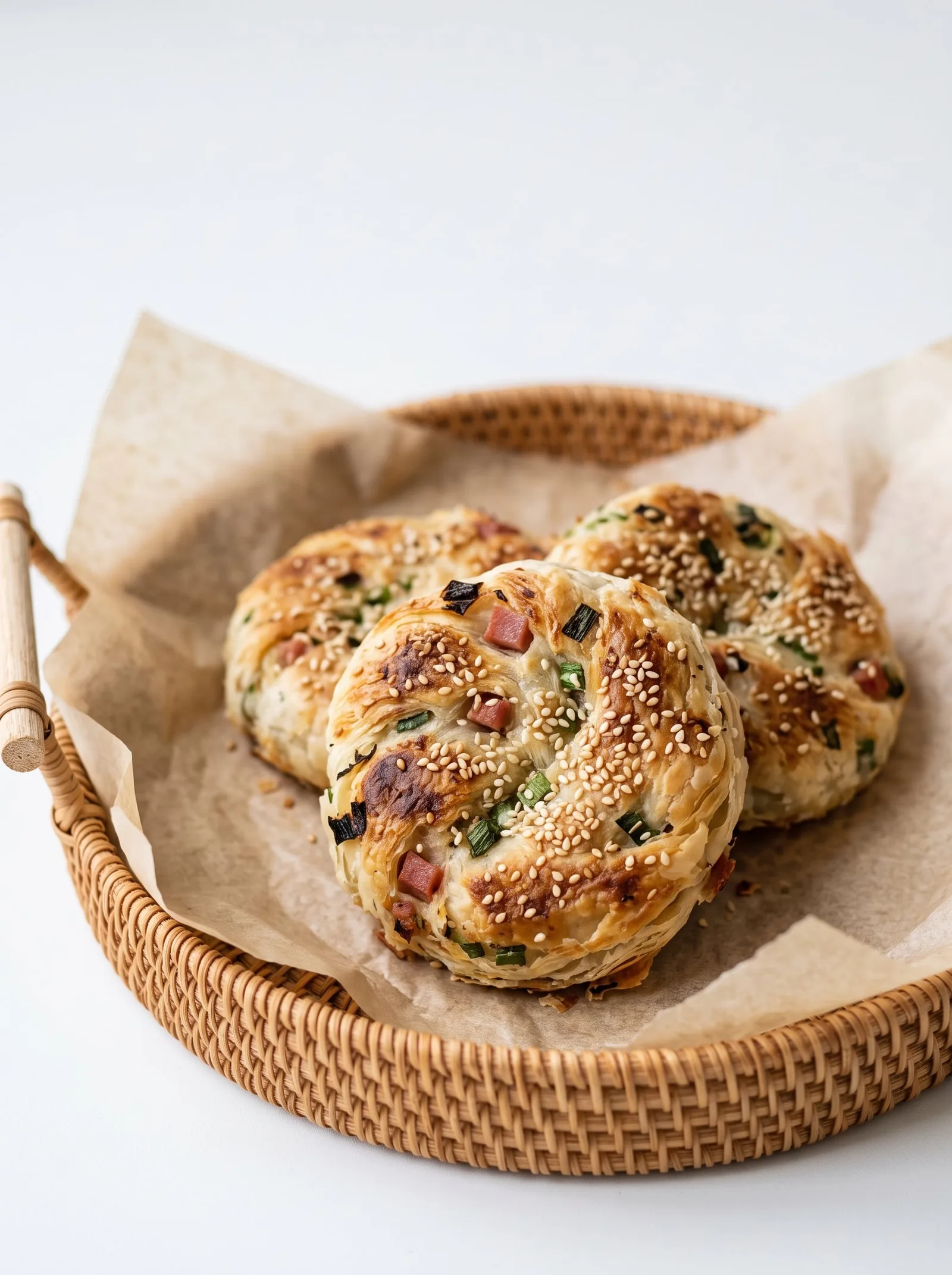 Vertical food still life photography, crispy scallion ham...
