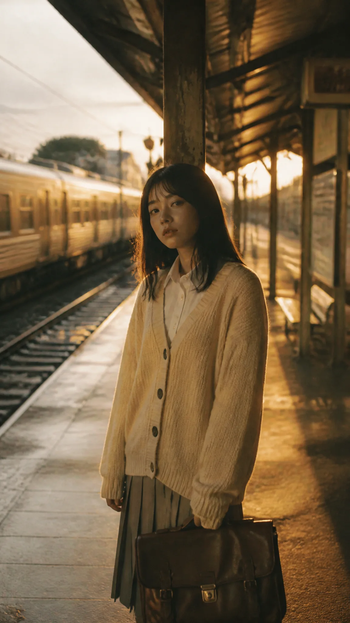 A cinematic photograph of a young Japanese woman in her e...