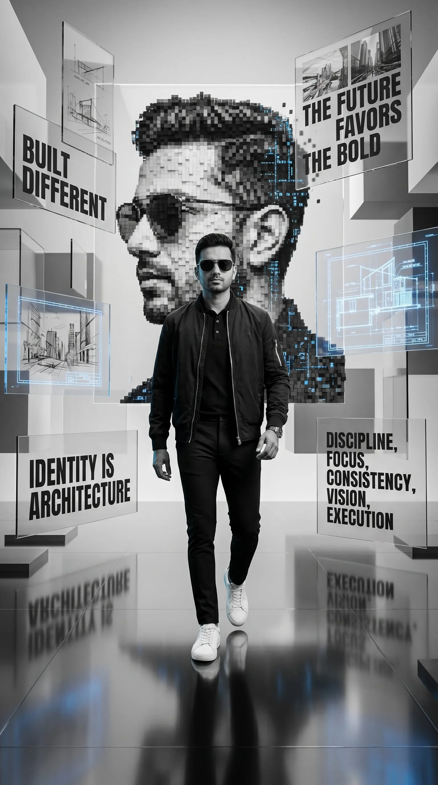 A futuristic monochrome motivational digital artwork feat...
