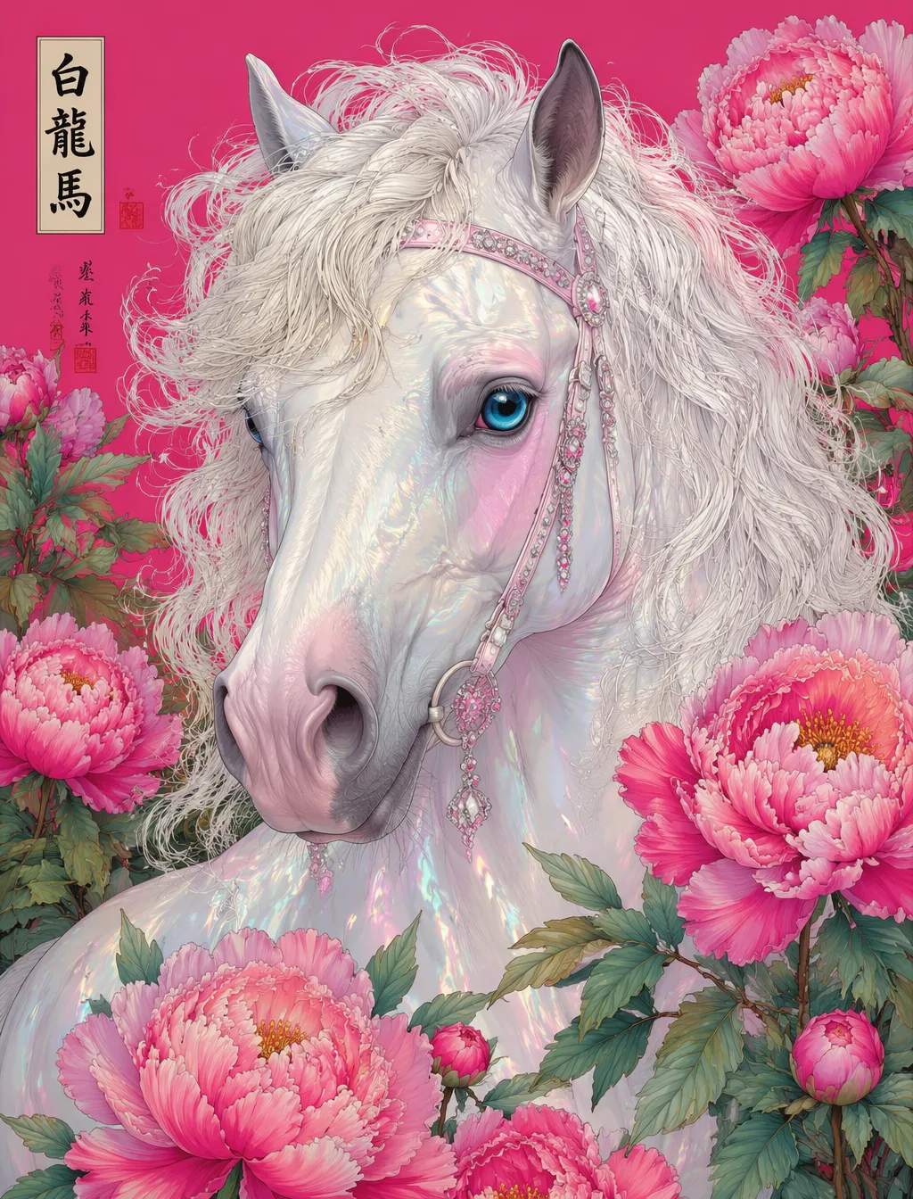 Vertical close-up portrait, a white horse with curly fluf...