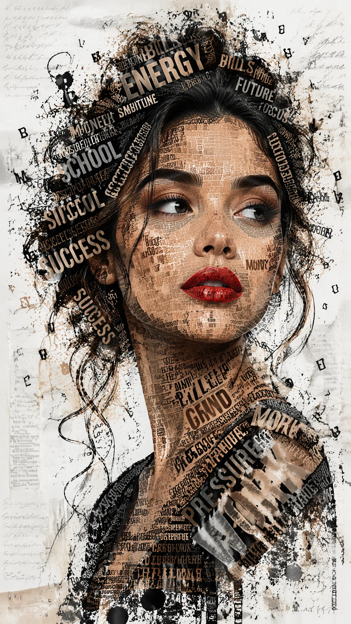 A striking typographic portrait of a young woman with a t...