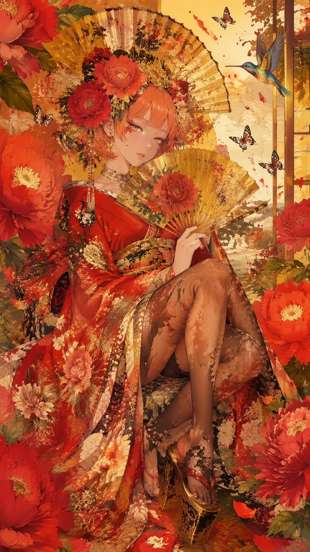 Vertical ornate ukiyo-e anime illustration, delicate youn...