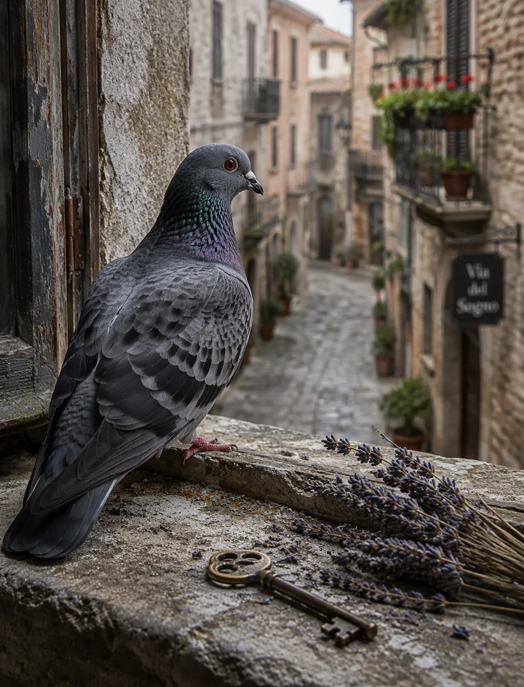 A gray dove with iridescent plumage sits perched on a wea...