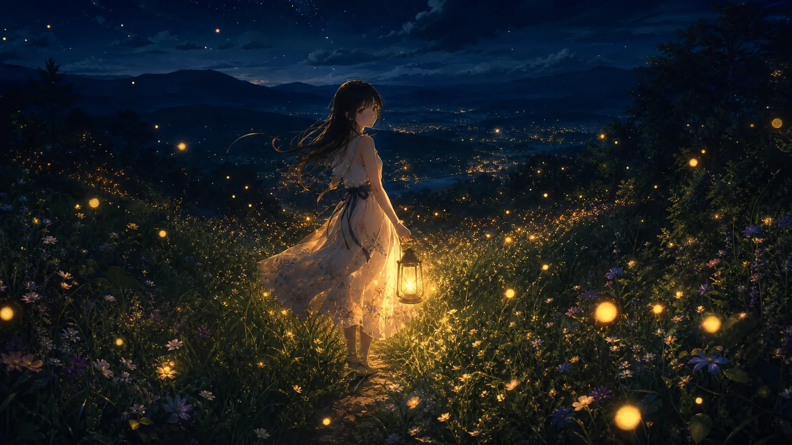 A girl walking through a meadow illuminated by thousands ...