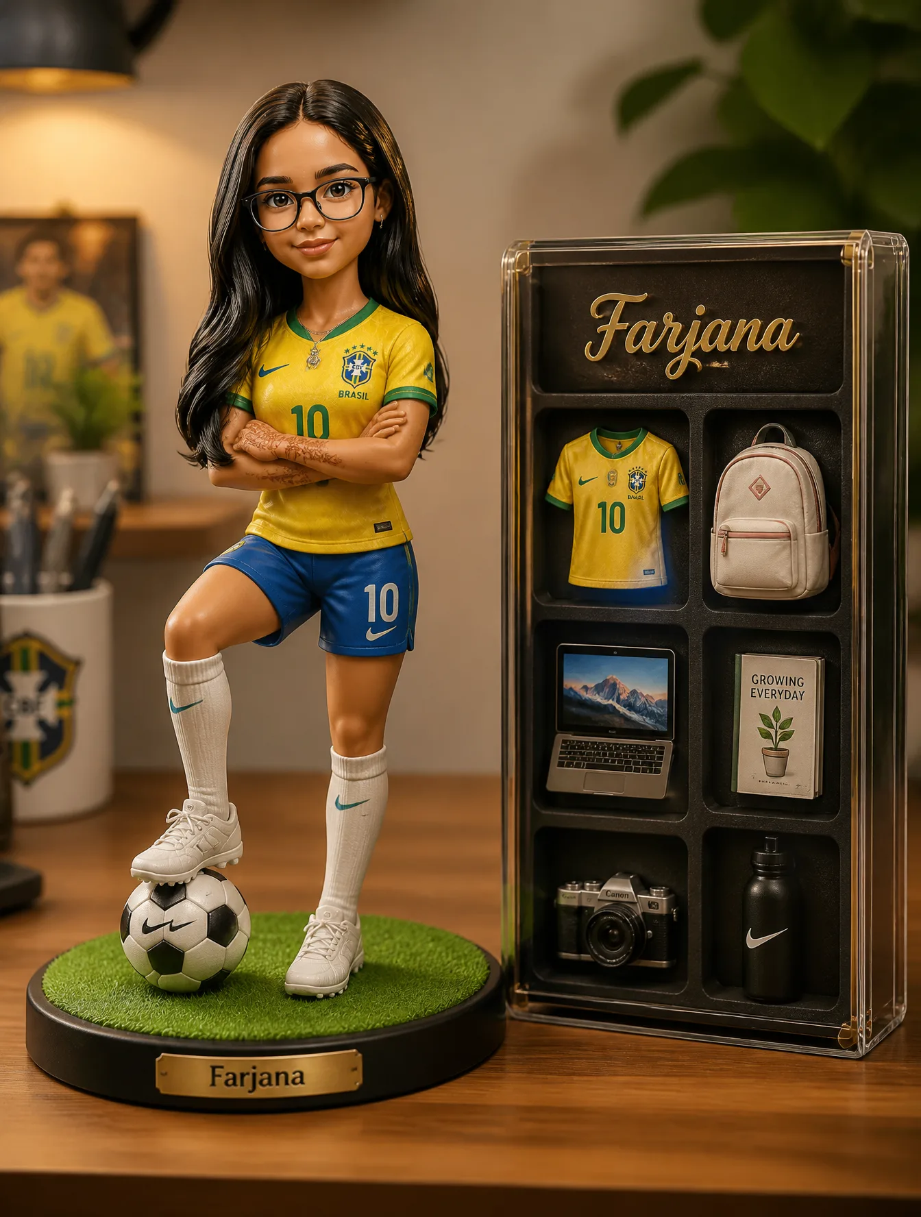 Create a premium 3D collectible figurine of [Person Chara...