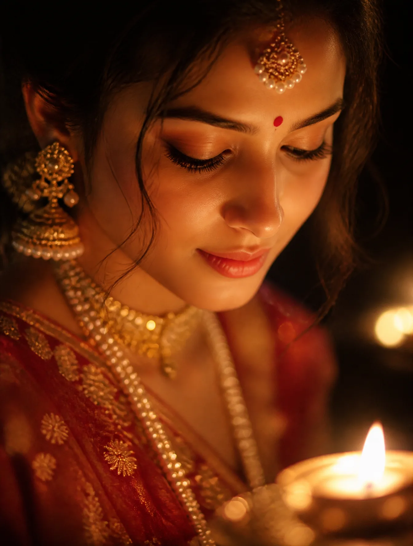 A portrait of a woman in traditional Indian attire is cap...