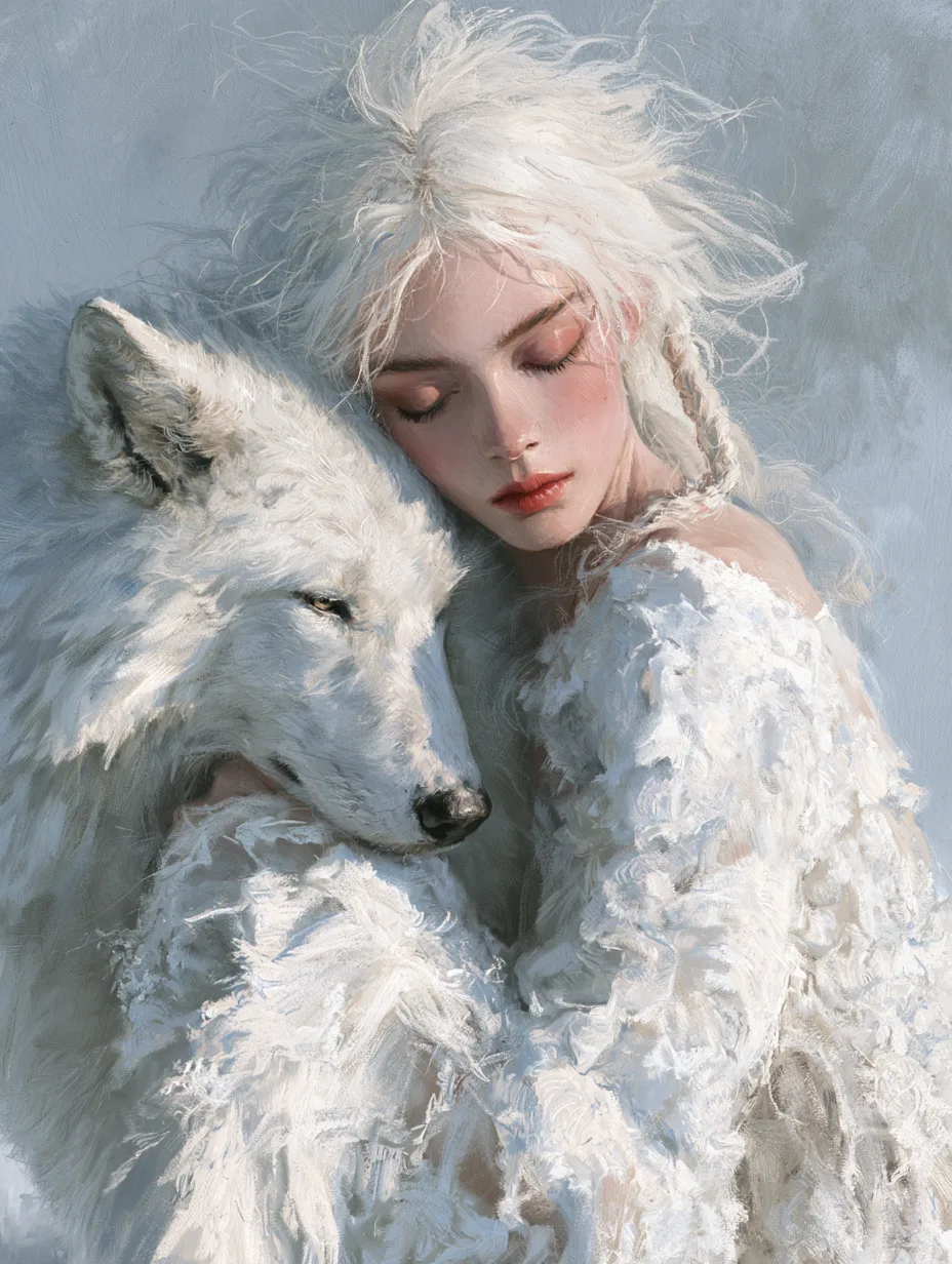 A delicate, dreamlike portrait of a woman with messy white …