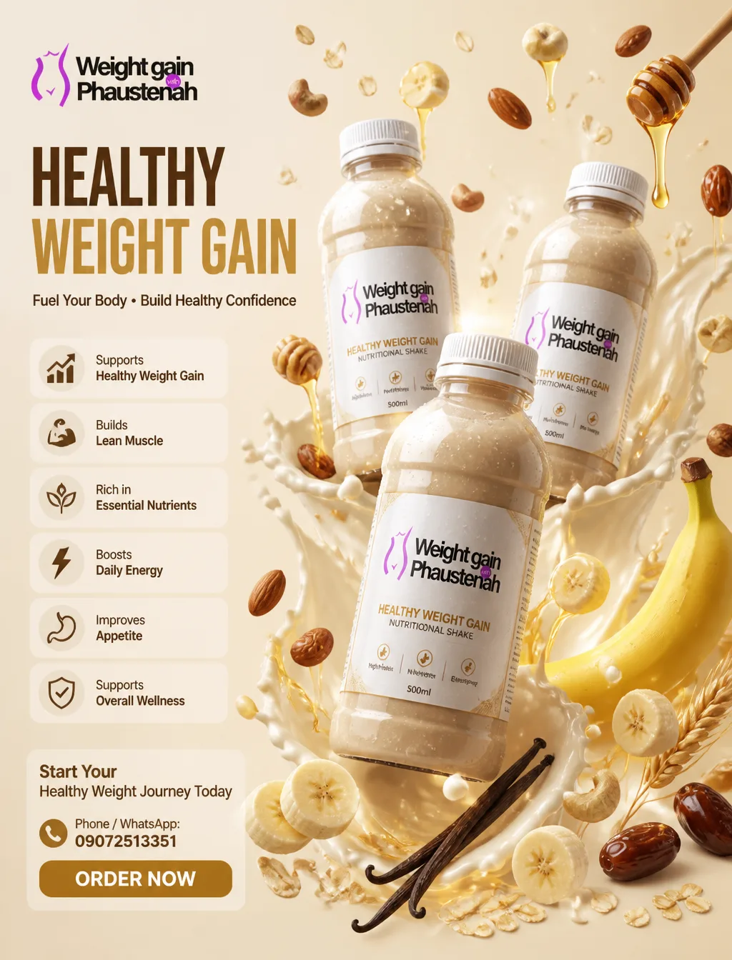 Premium Weight Gain Beverage Advertisement PromptThree pr...