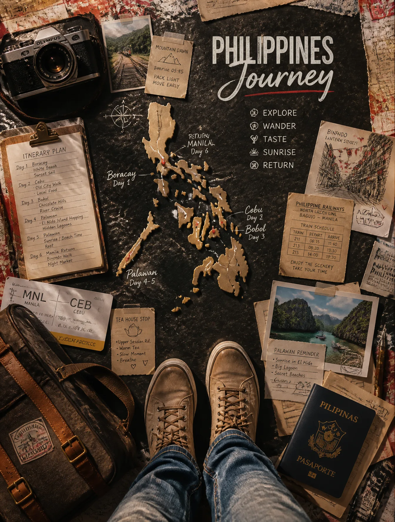 Create an ultra-premium top-down travel planning poster f...