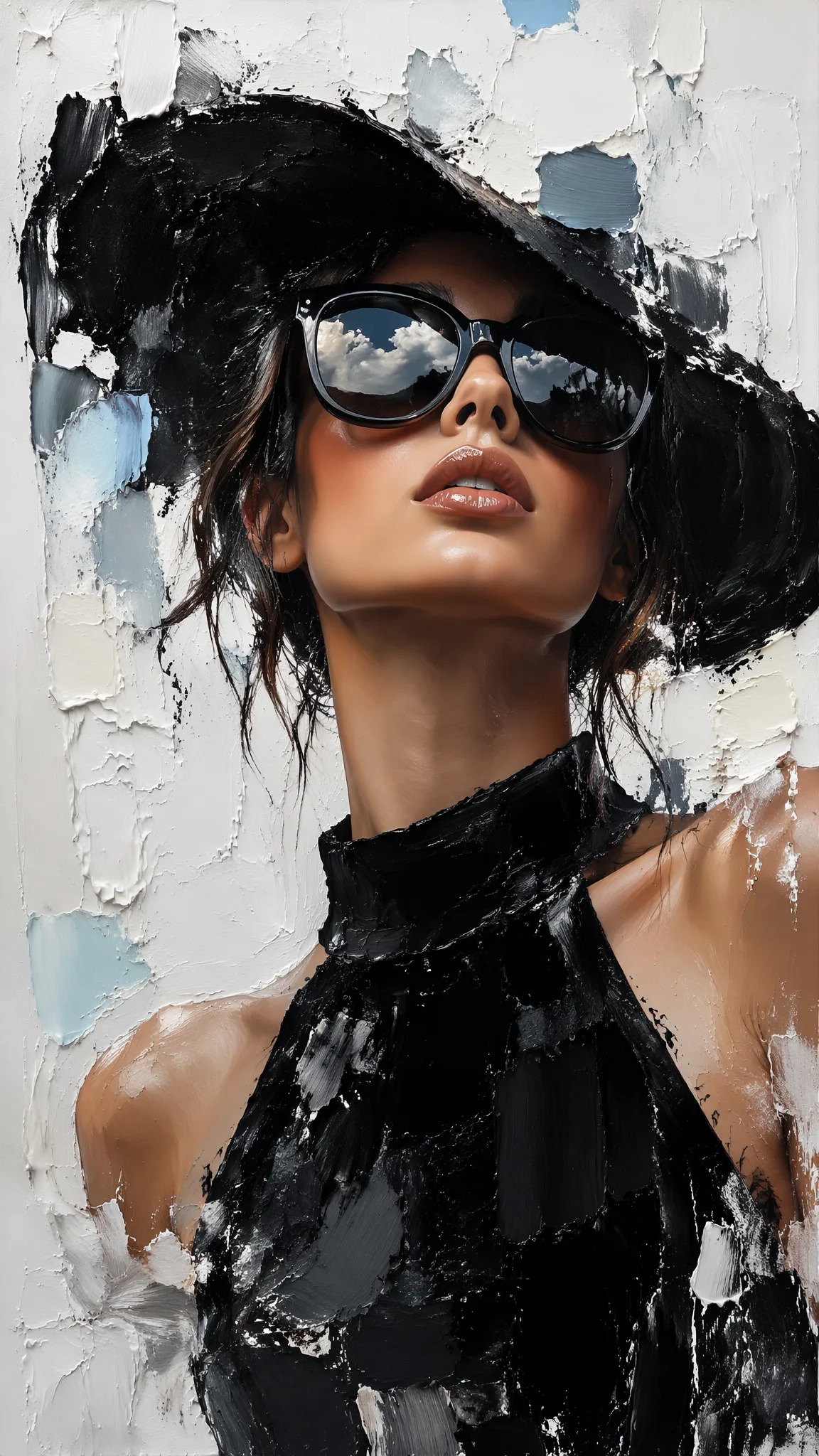 A high-fashion editorial mixed-media portrait of a chic w...