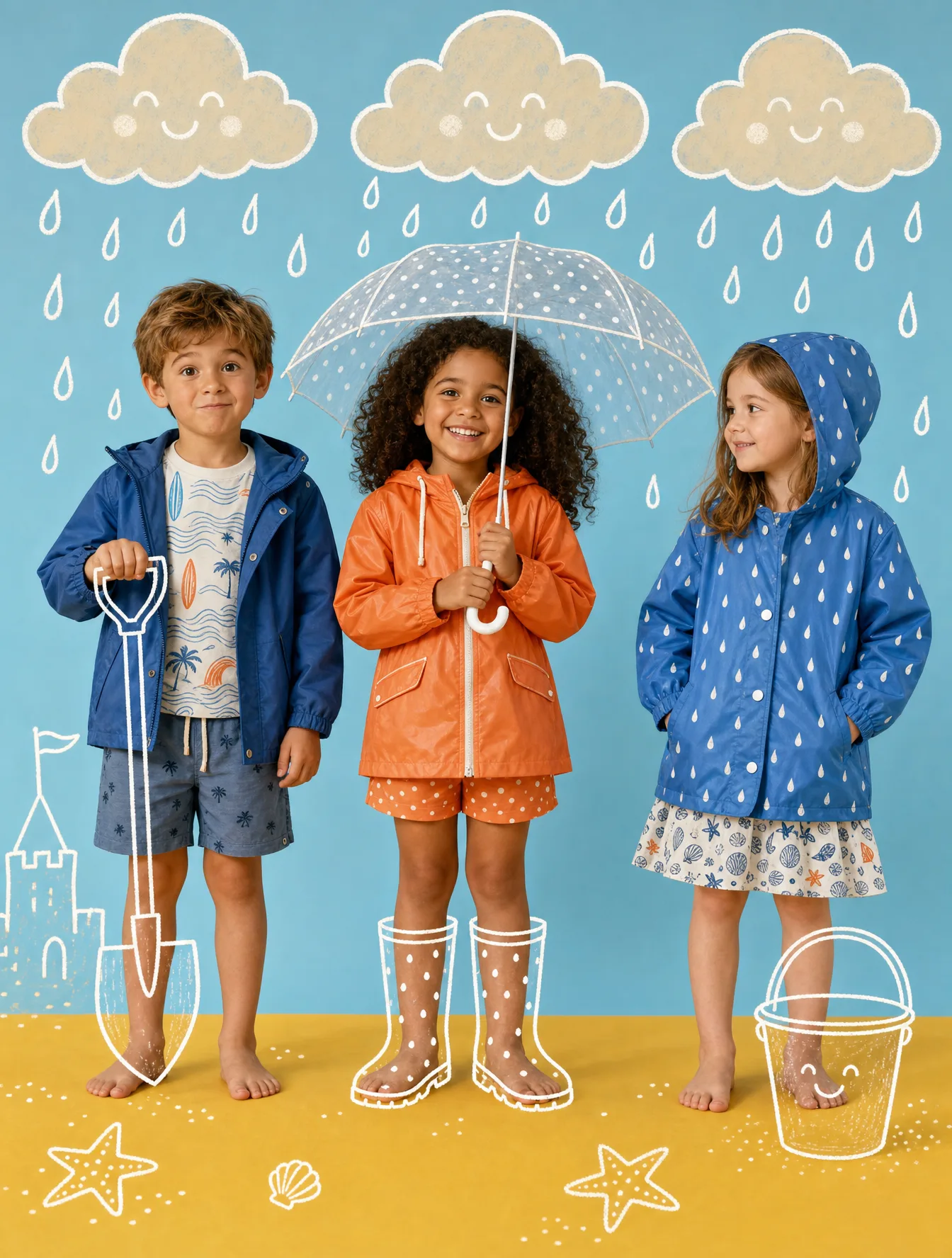 A bright, whimsical studio portrait features three childr...