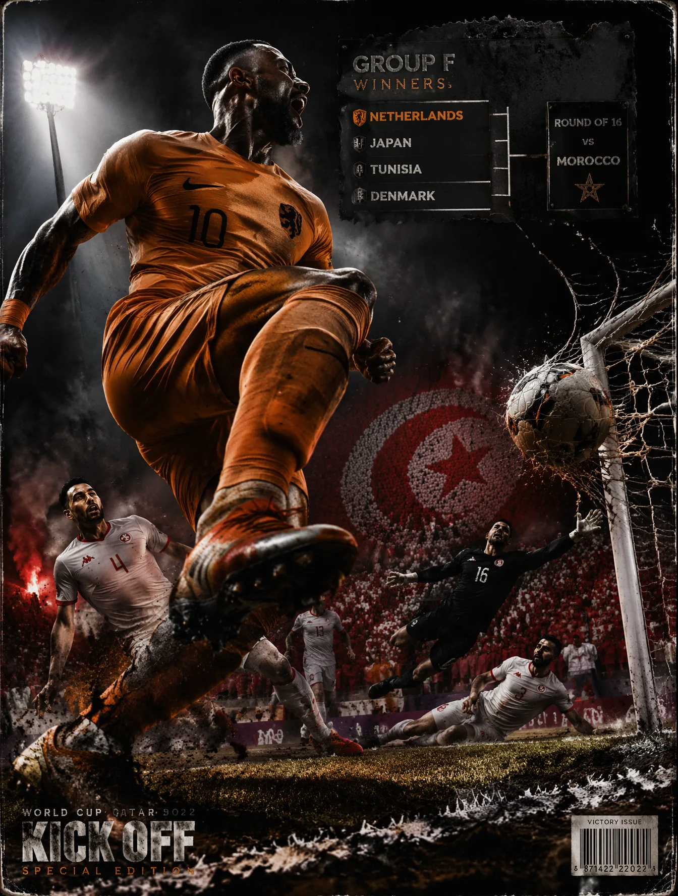 Heavy-metal-mag chiaroscuro football key art, heroic grou...