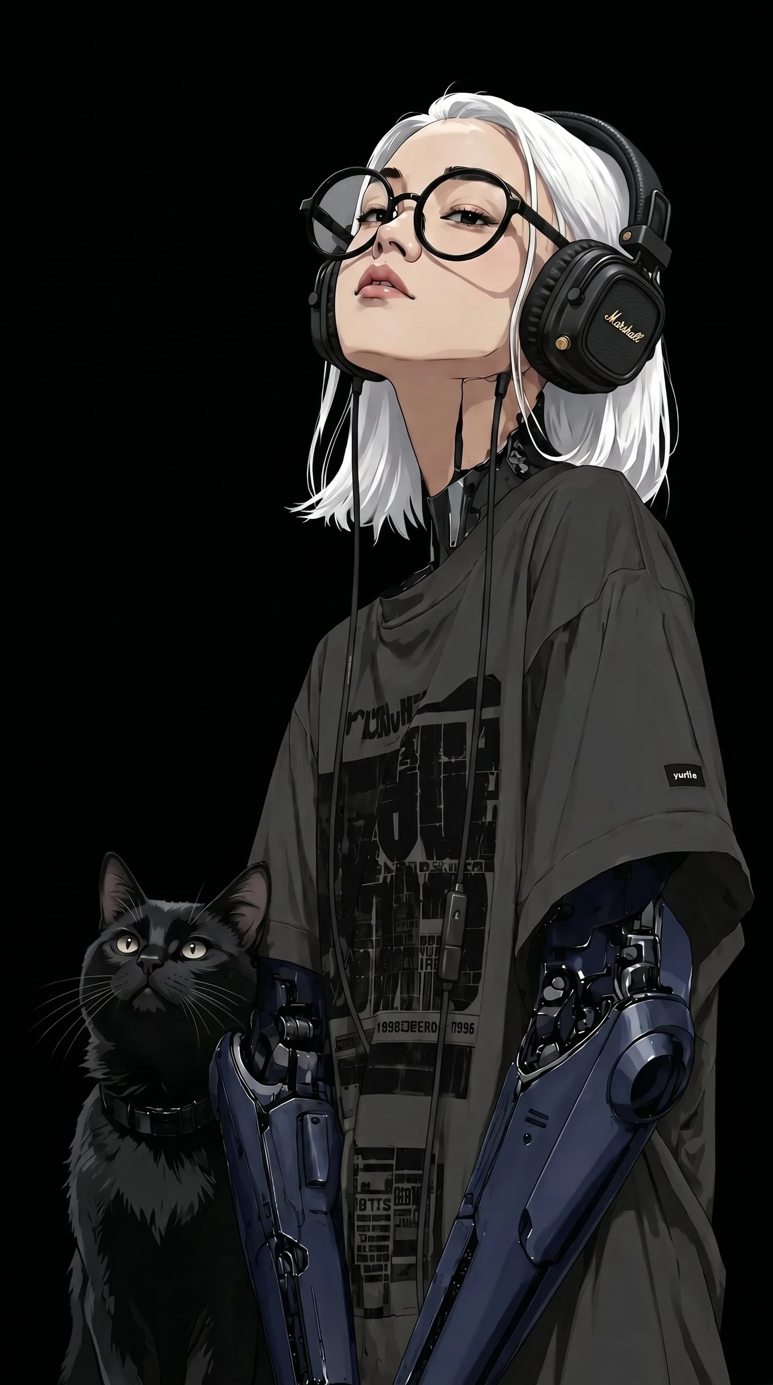 In this style, make the cat black, the color of the mecha...