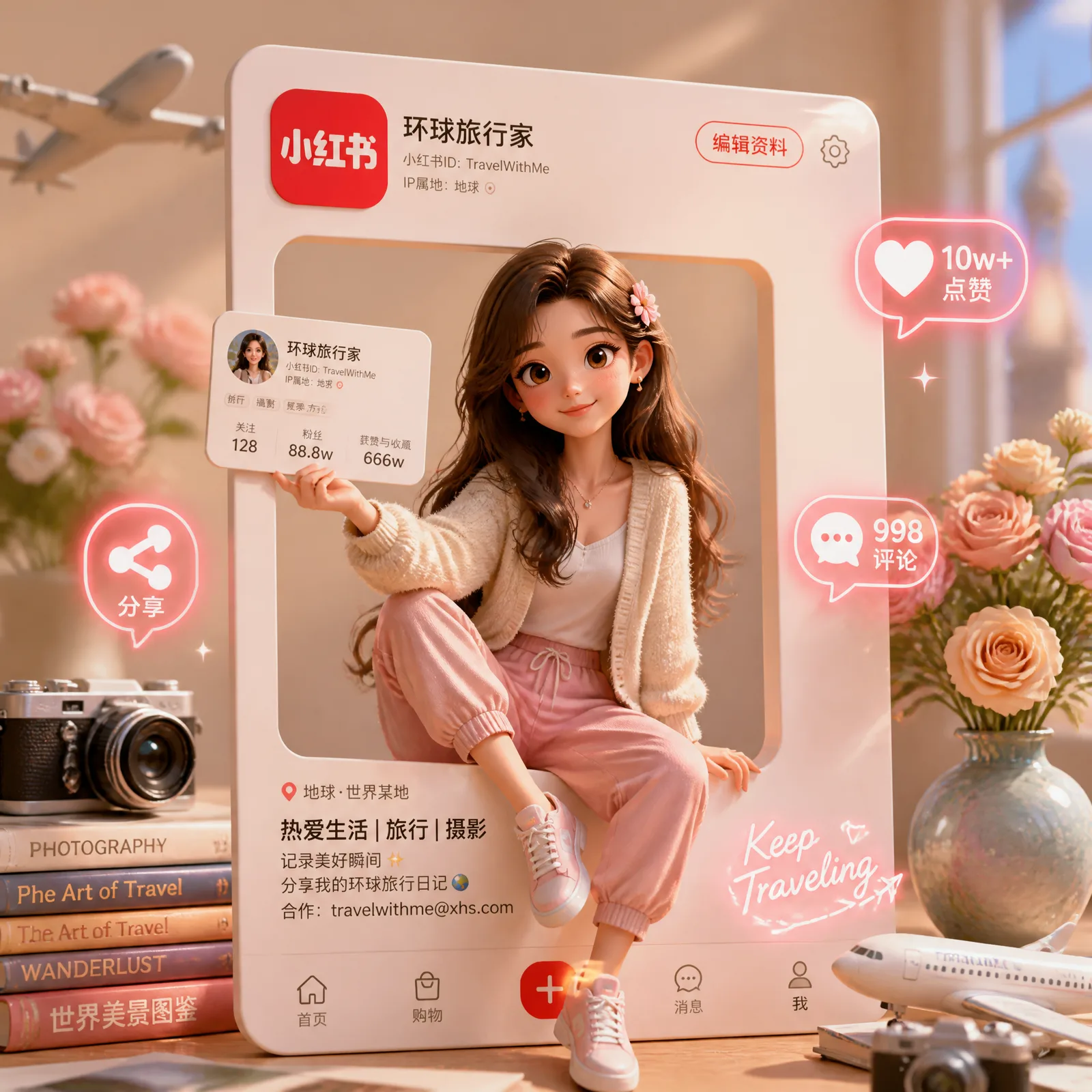 A girl holds a 3D Little Red Book personal information card in one ha…