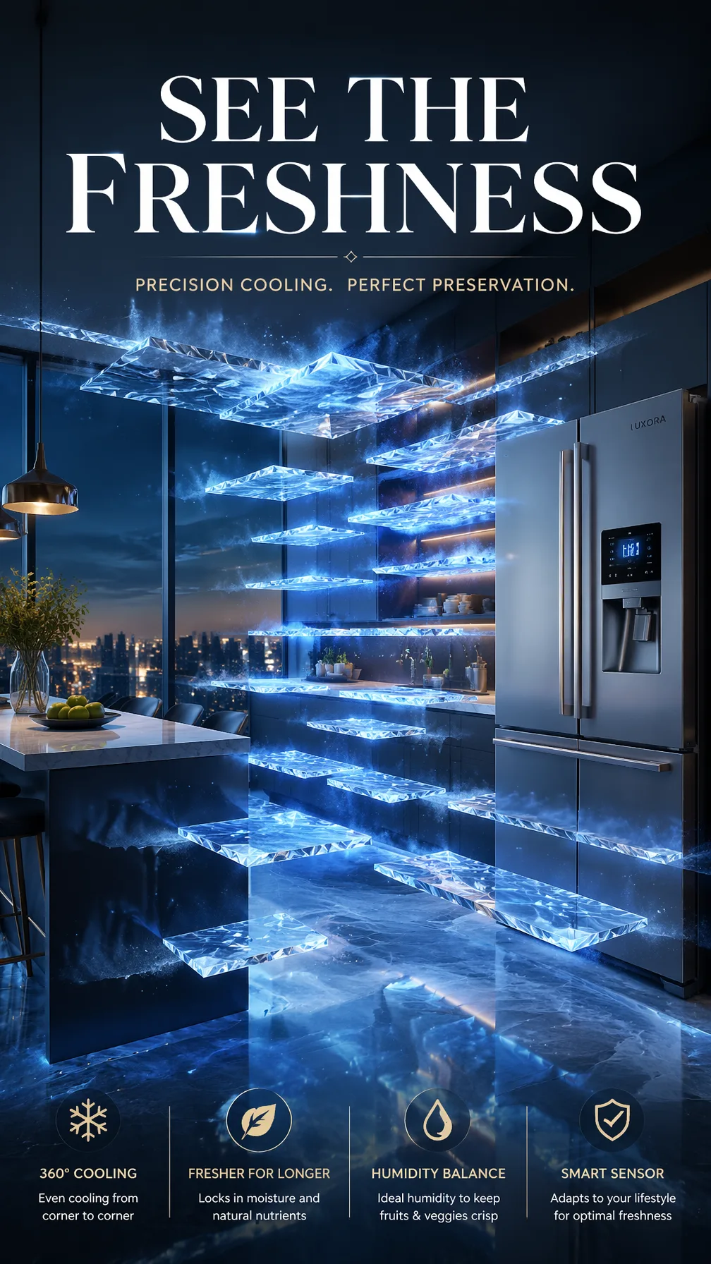 Luxury RefrigeratorCold air becomes floating blue crystal...