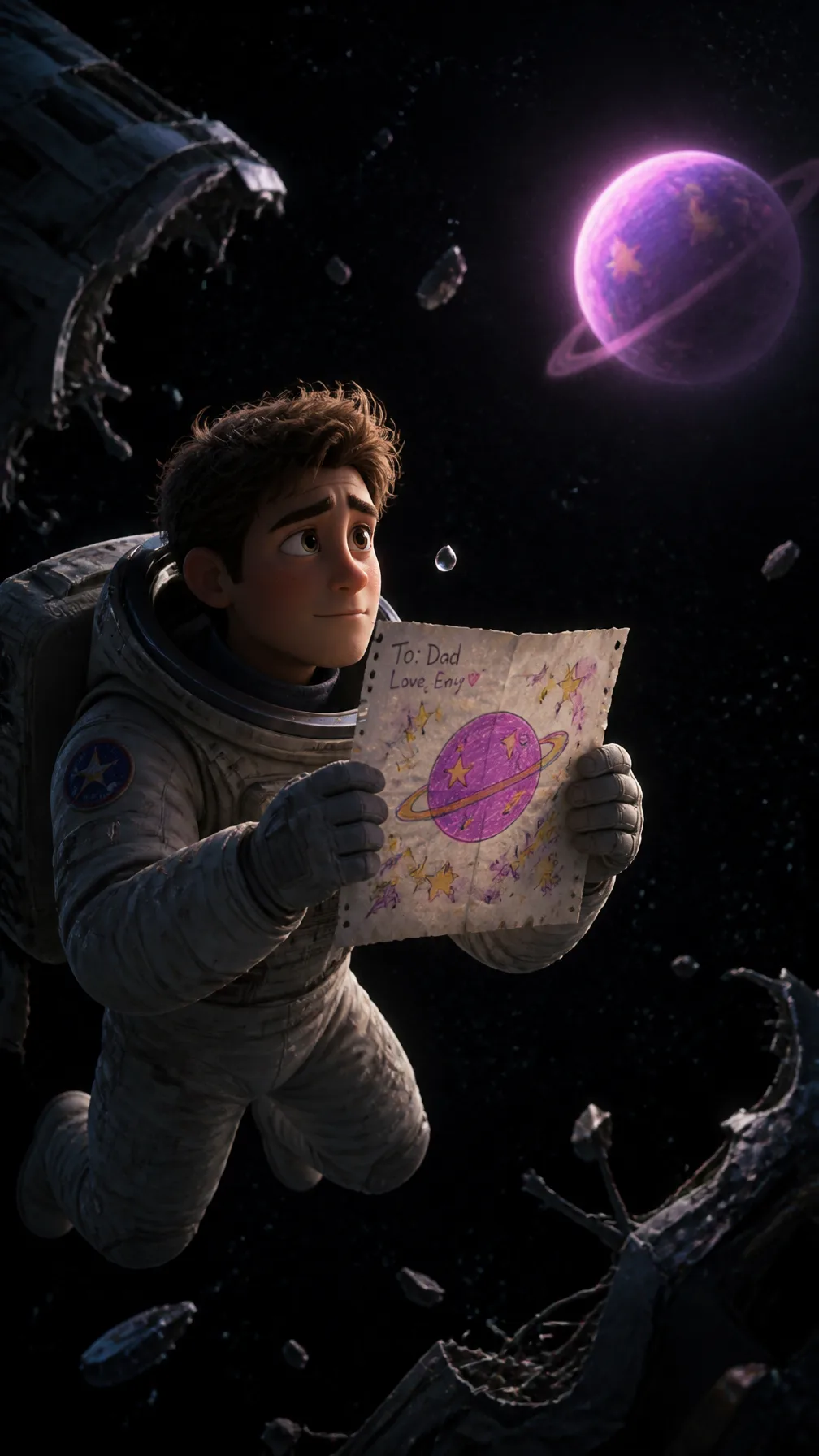 A young astronaut floats alone outside a broken spaceship...
