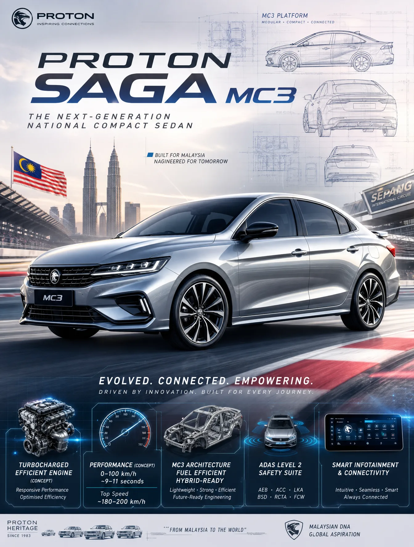 Create an epic premium automotive poster of Proton Saga M...