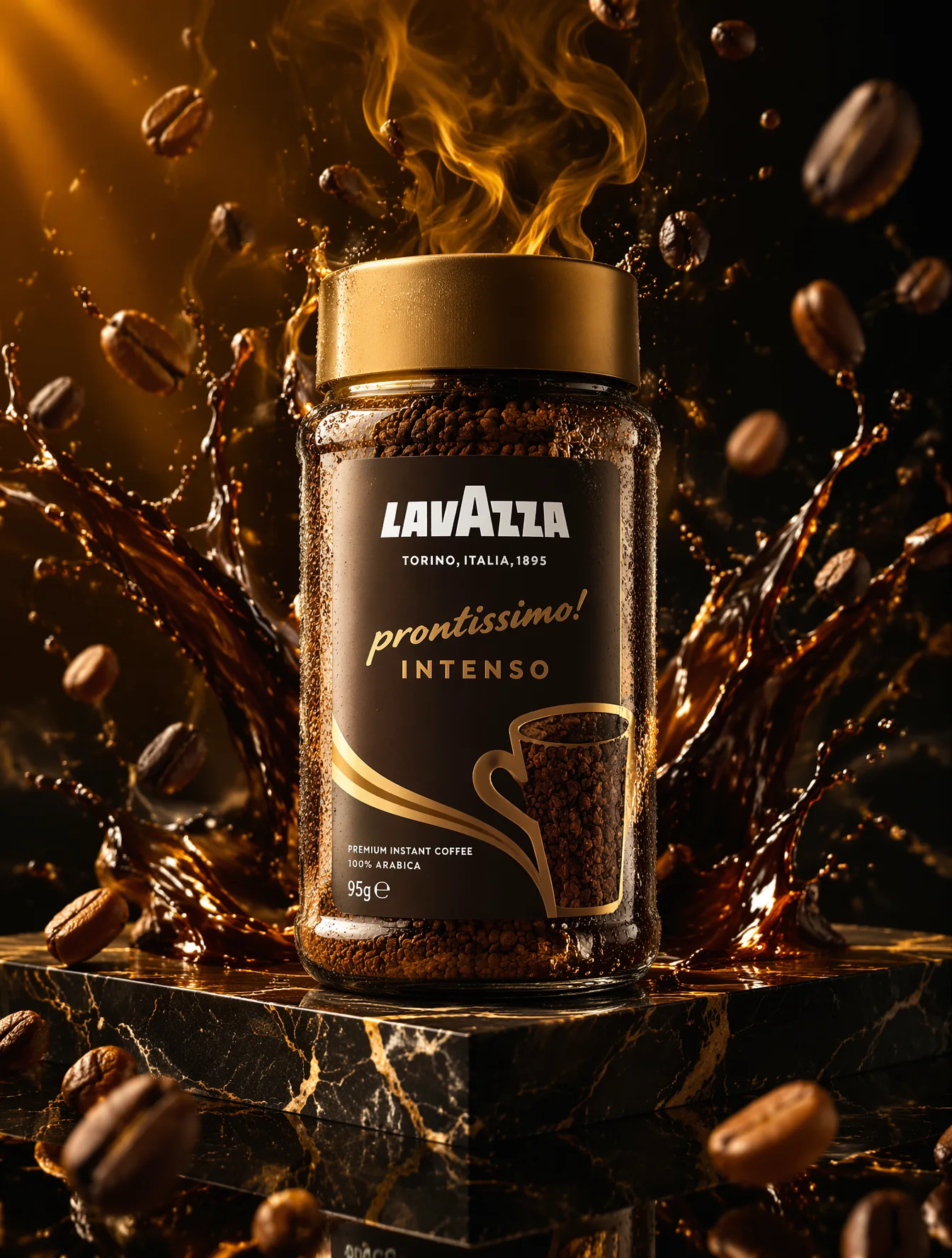 Ultra premium Lavazza coffee jar standing on a polished b...