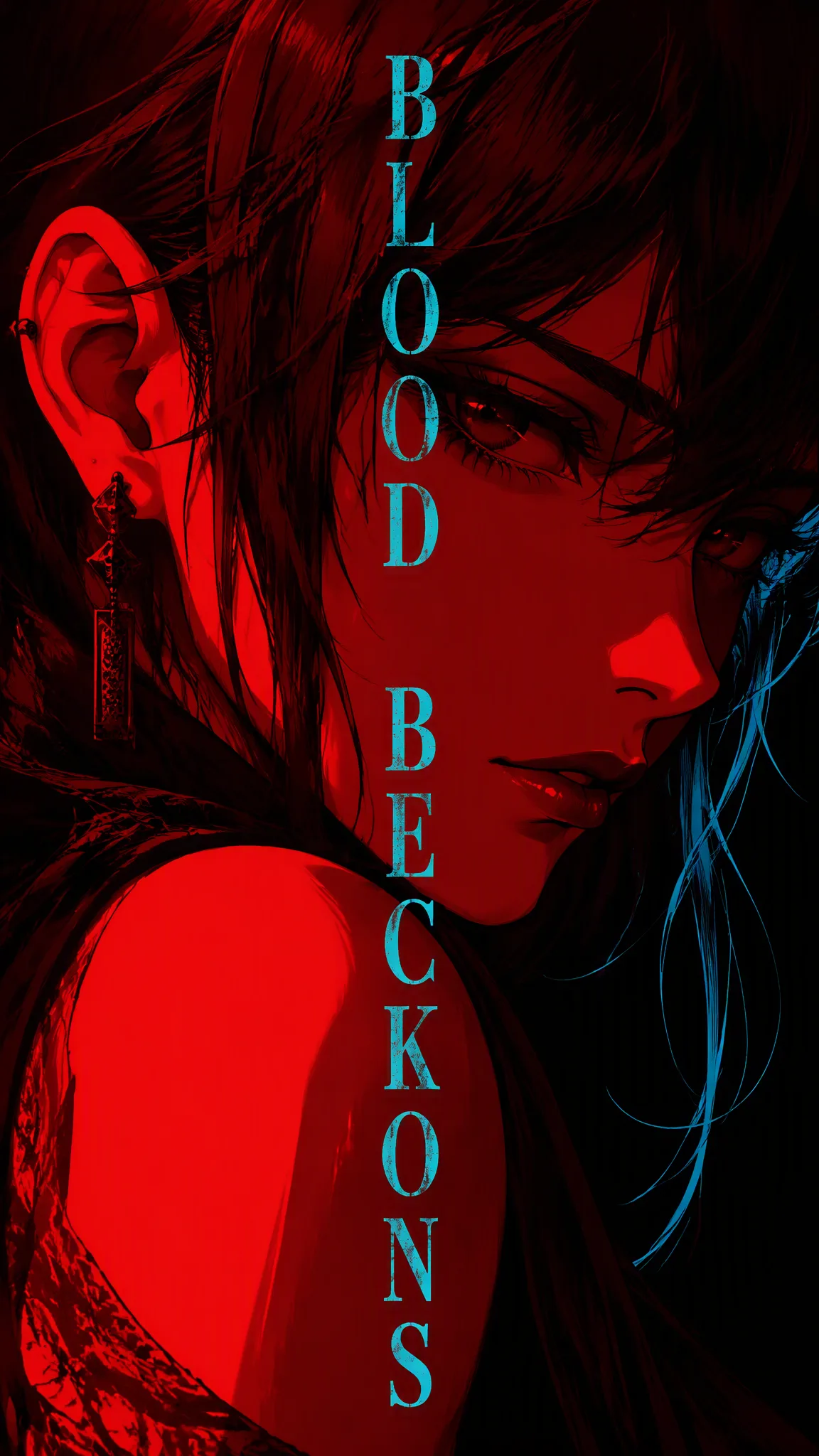 Dark anime key visual poster illustration. Extreme close-...