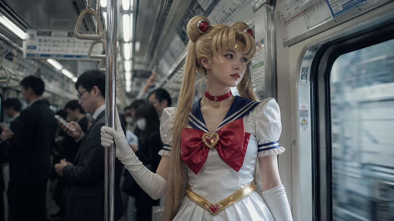 Main content: A young woman wearing a classic sailor suit-style anime…