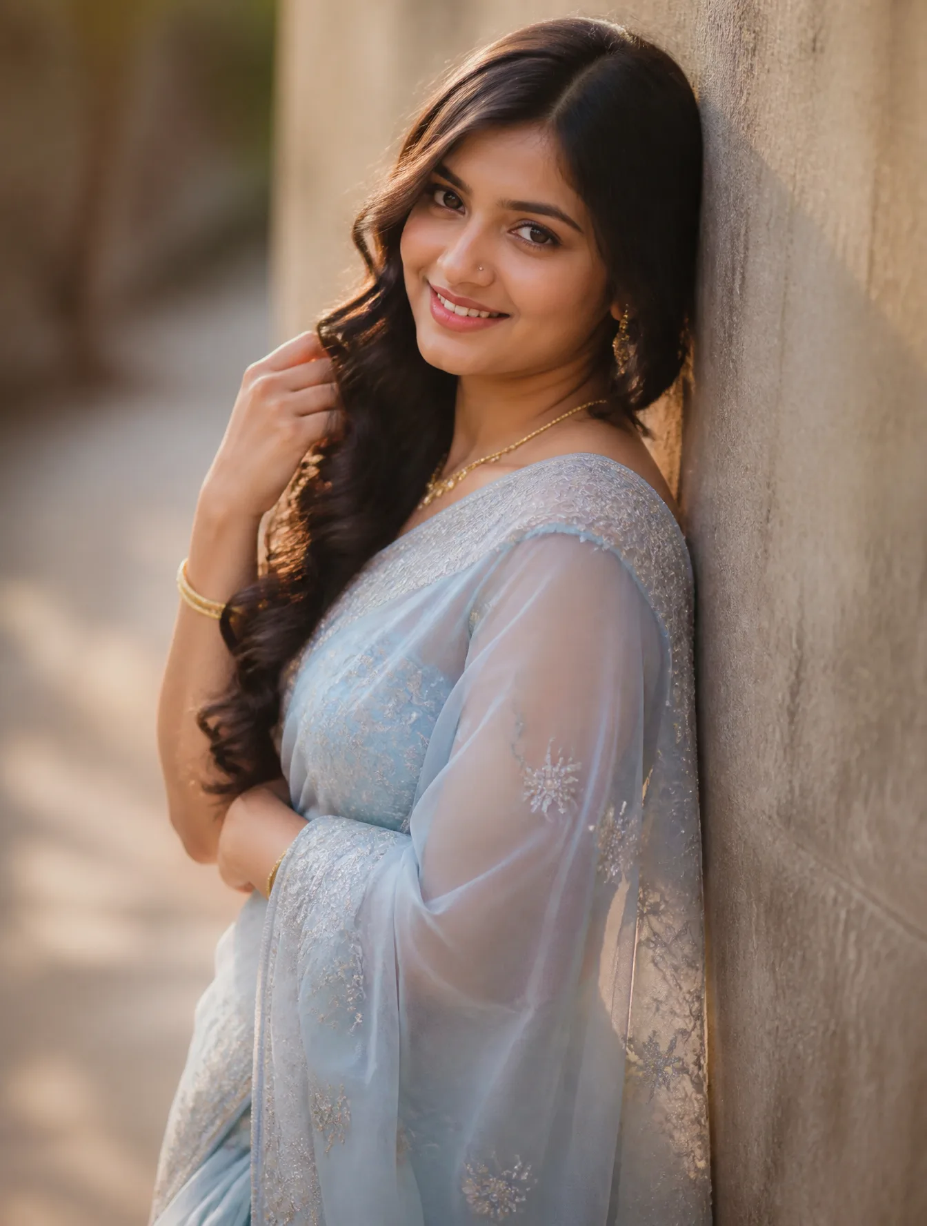 Ultra-realistic young Indian woman wearing a luxurious p...