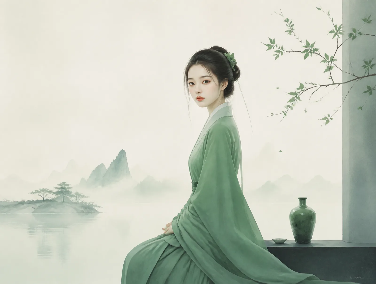 A minimalist oriental Zen semi-realistic illustration. The subject is…