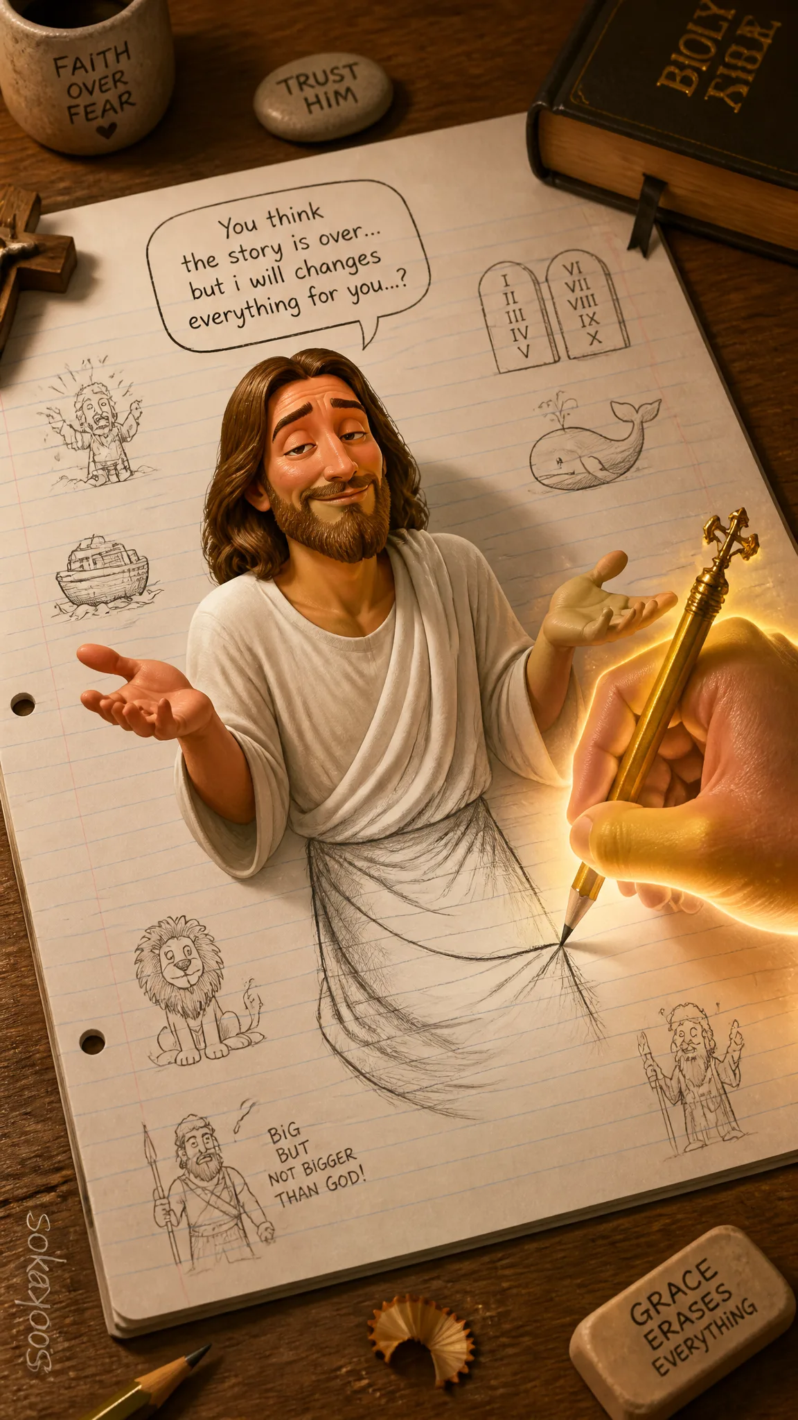 "A humorous, exaggerated artwork showing Jesus, wearing a...