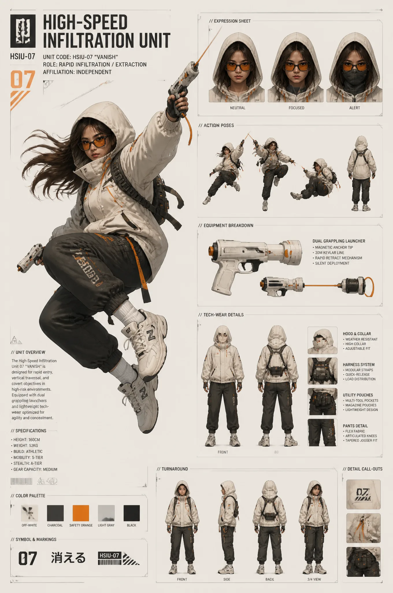 A dynamic character concept sheet showcases a "High-Speed...