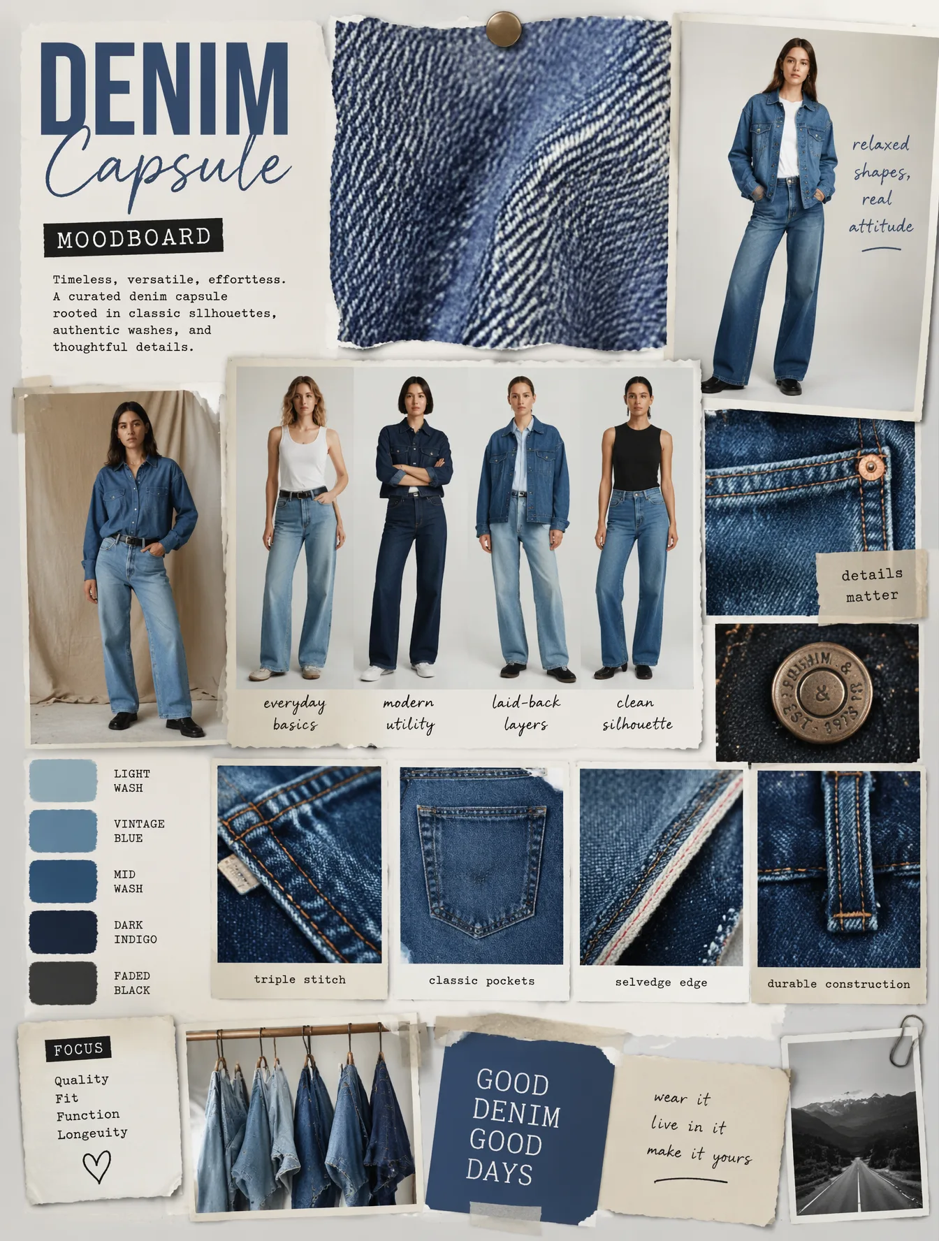 Create a denim capsule moodboard with full-body outfit re...