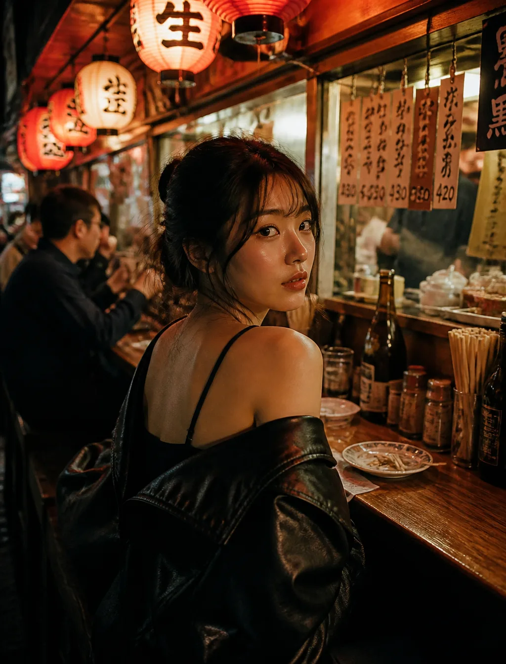 Prompt :A young "East Asian woman" with dark hair styled ...