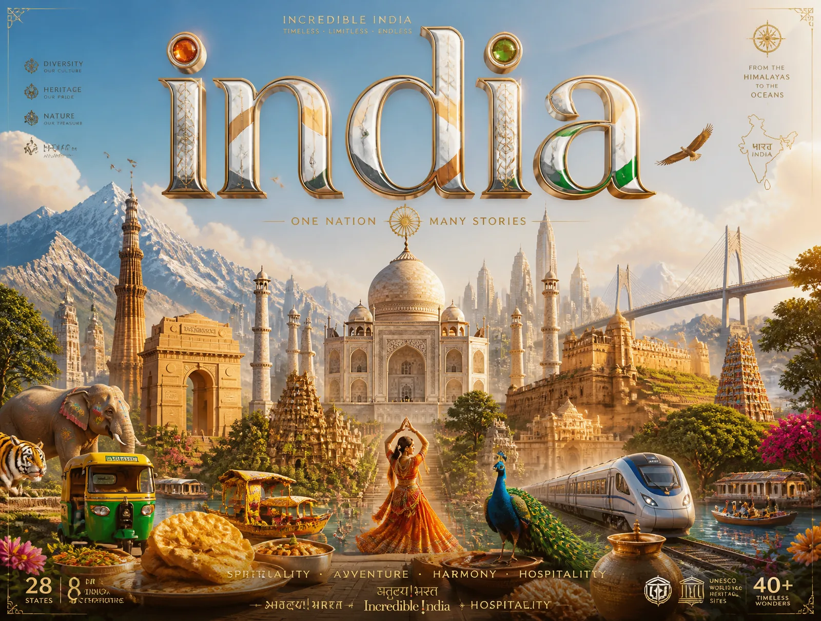Ultra-premium cinematic 3D travel poster for [INDIA], bri...