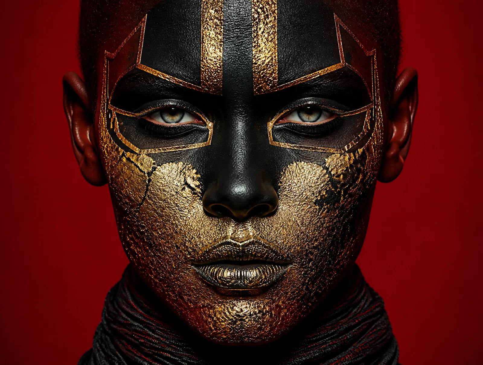 Extreme close-up, symmetrical composition, a character's front face i…