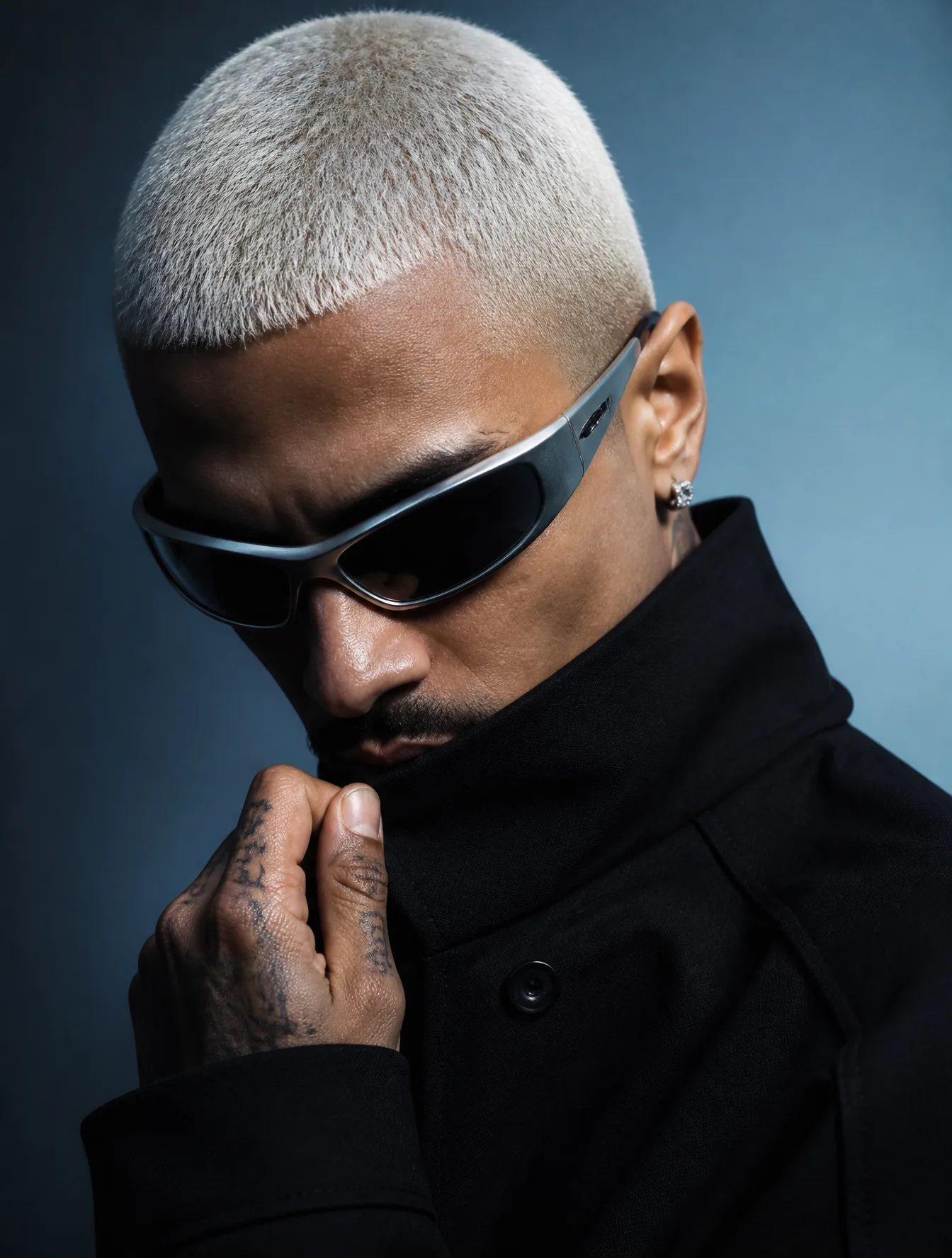 A realistic photograph of a man posed in a high-fashion e...