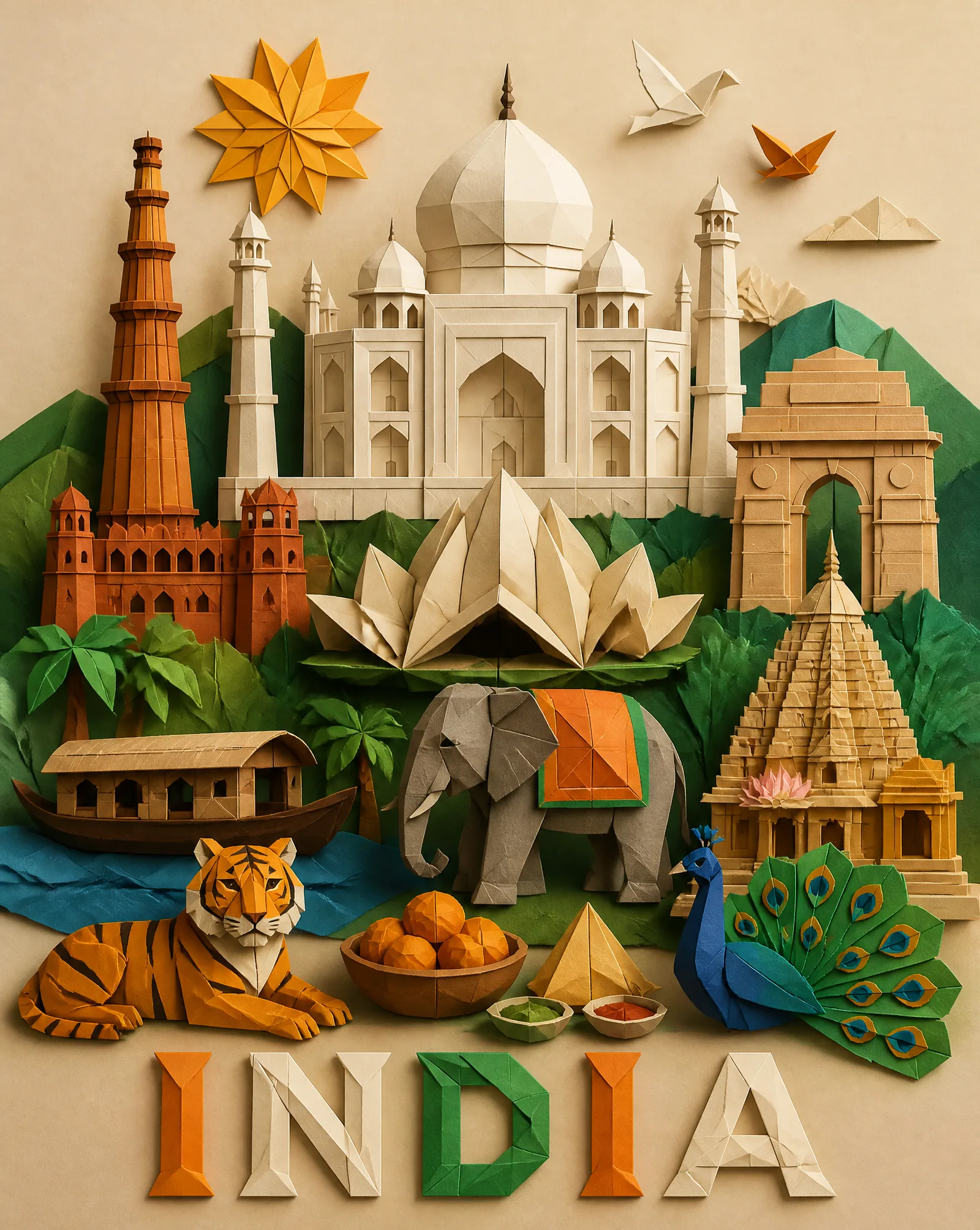 Origami paper art style illustration of [COUNTRY NAME]=In...