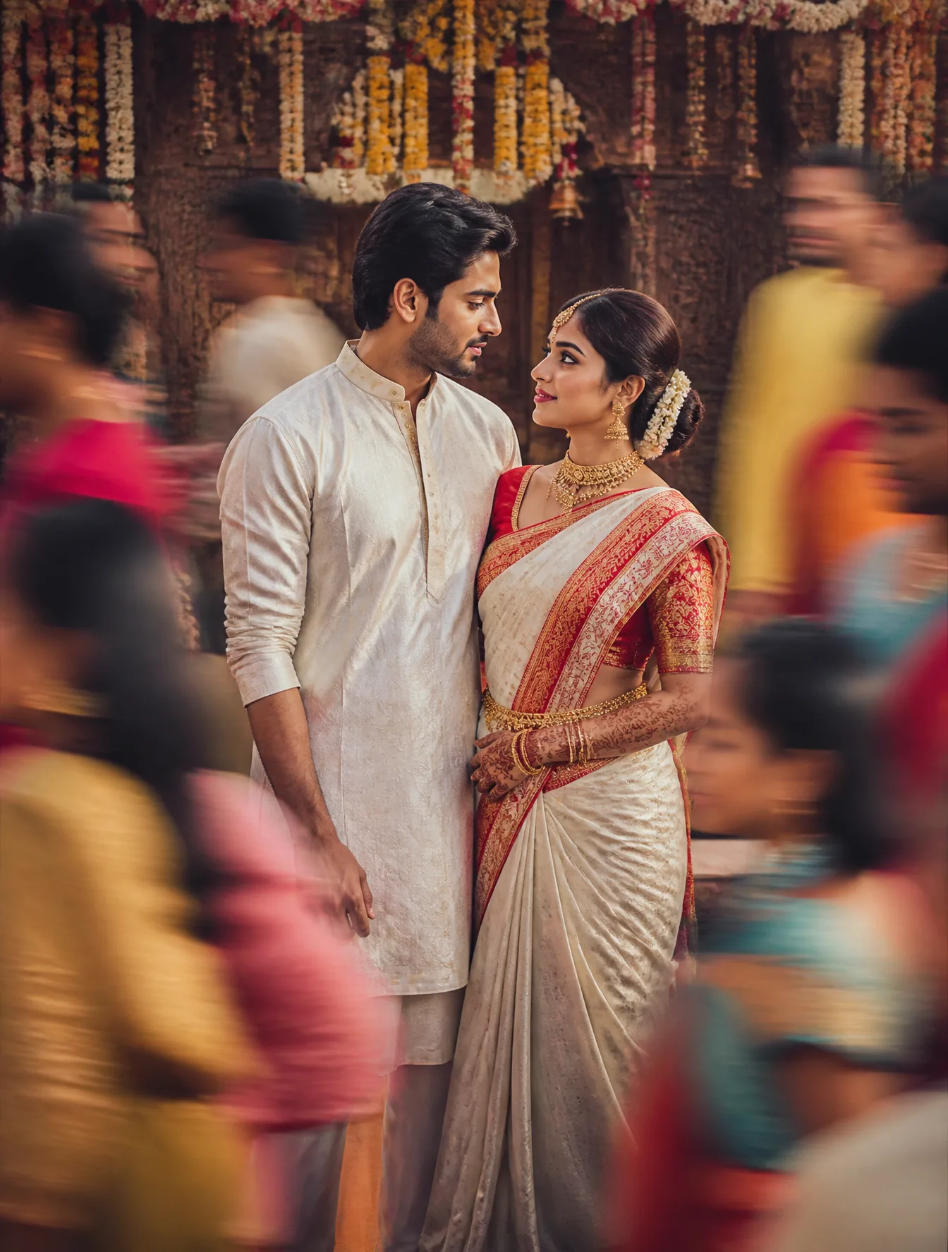 A cinematic Gujarati wedding scene featuring a man and wo...