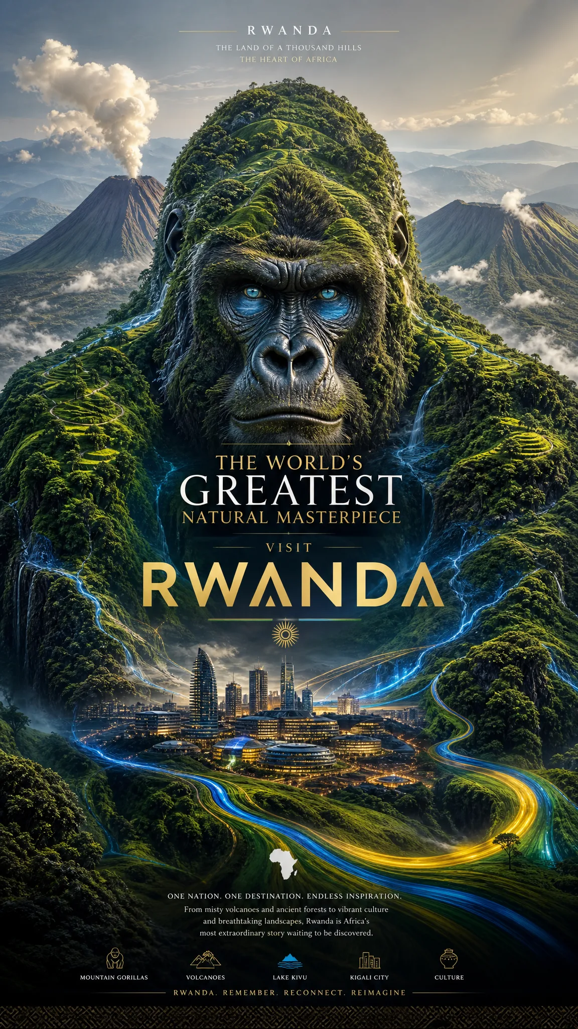 Create a revolutionary tourism poster for Rwanda where th...