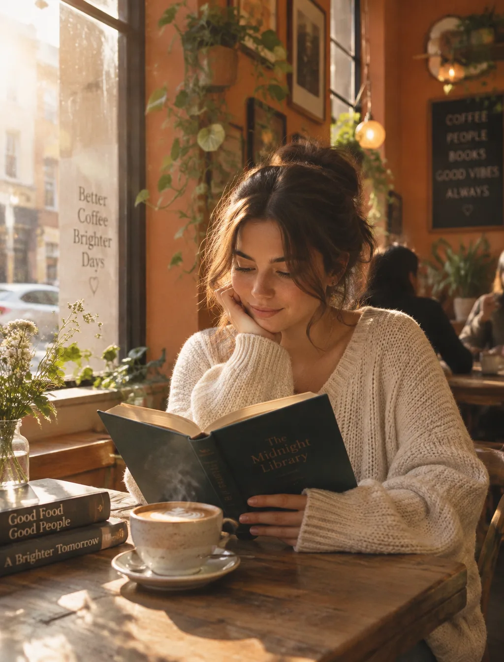 Девушка с книгой в уютном кафе