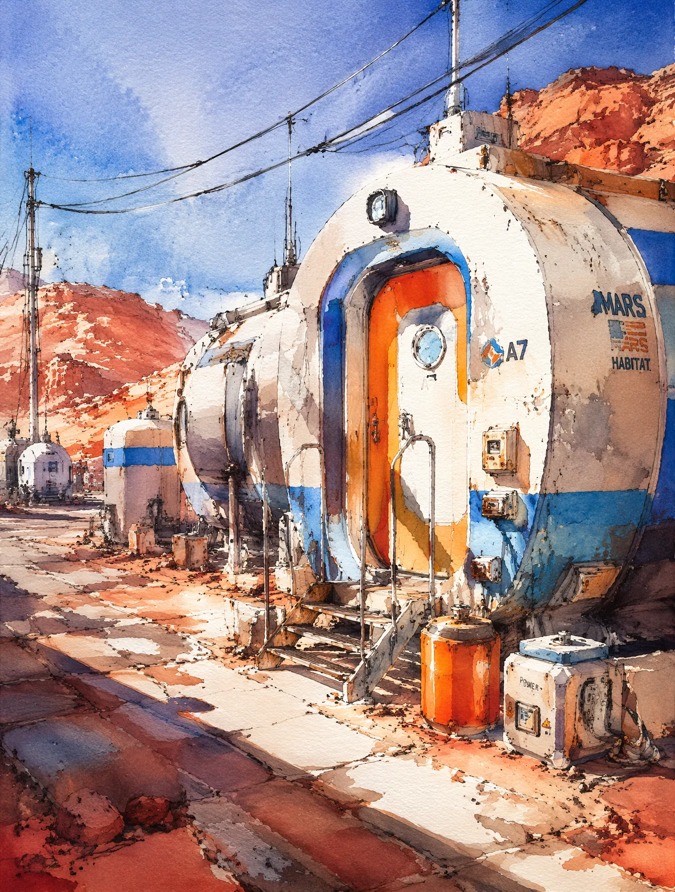 Sci-fi sketch in watercolor, sci-fi style habitat modules...
