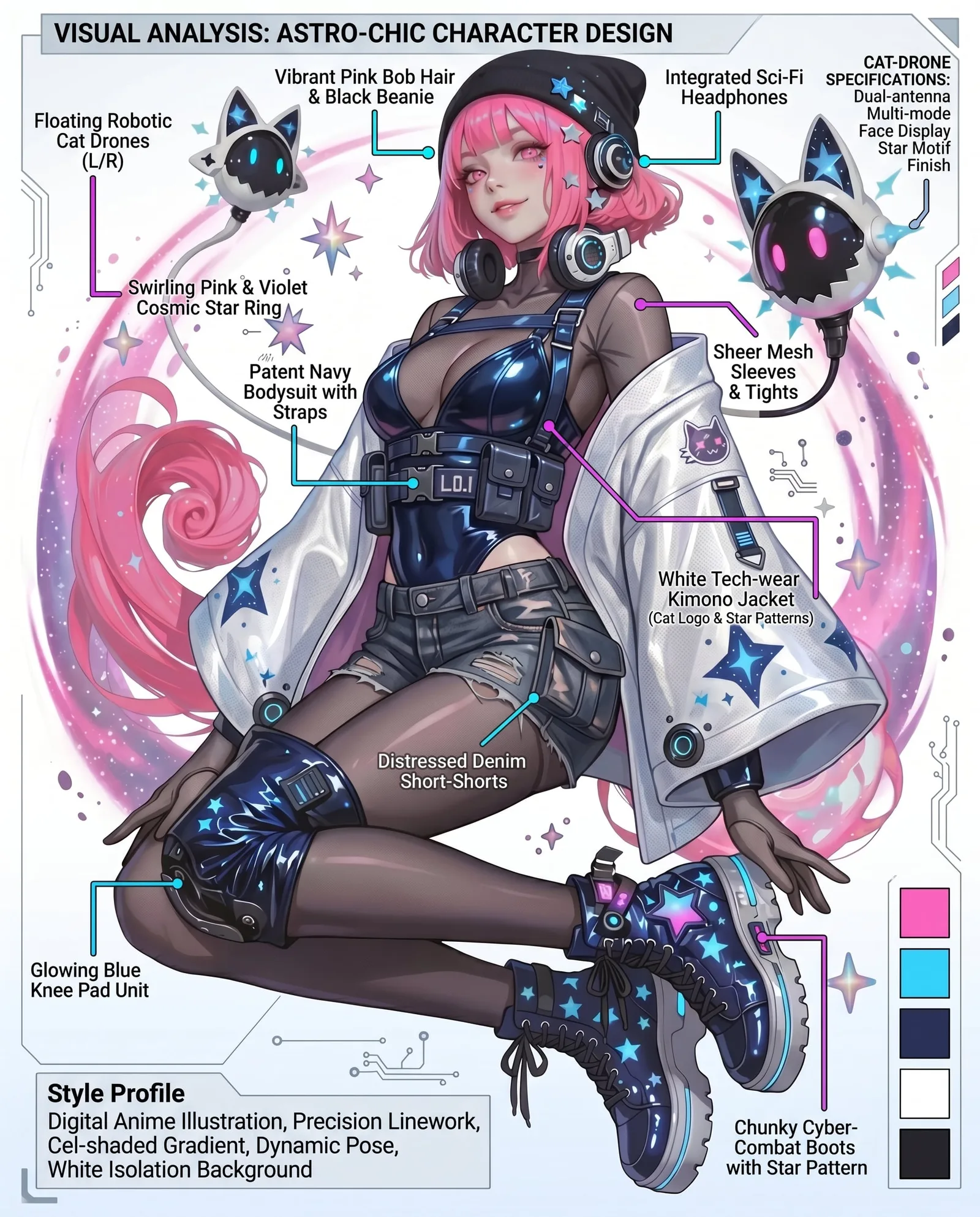 A stylish anime girl with short vibrant pink hair and a b...