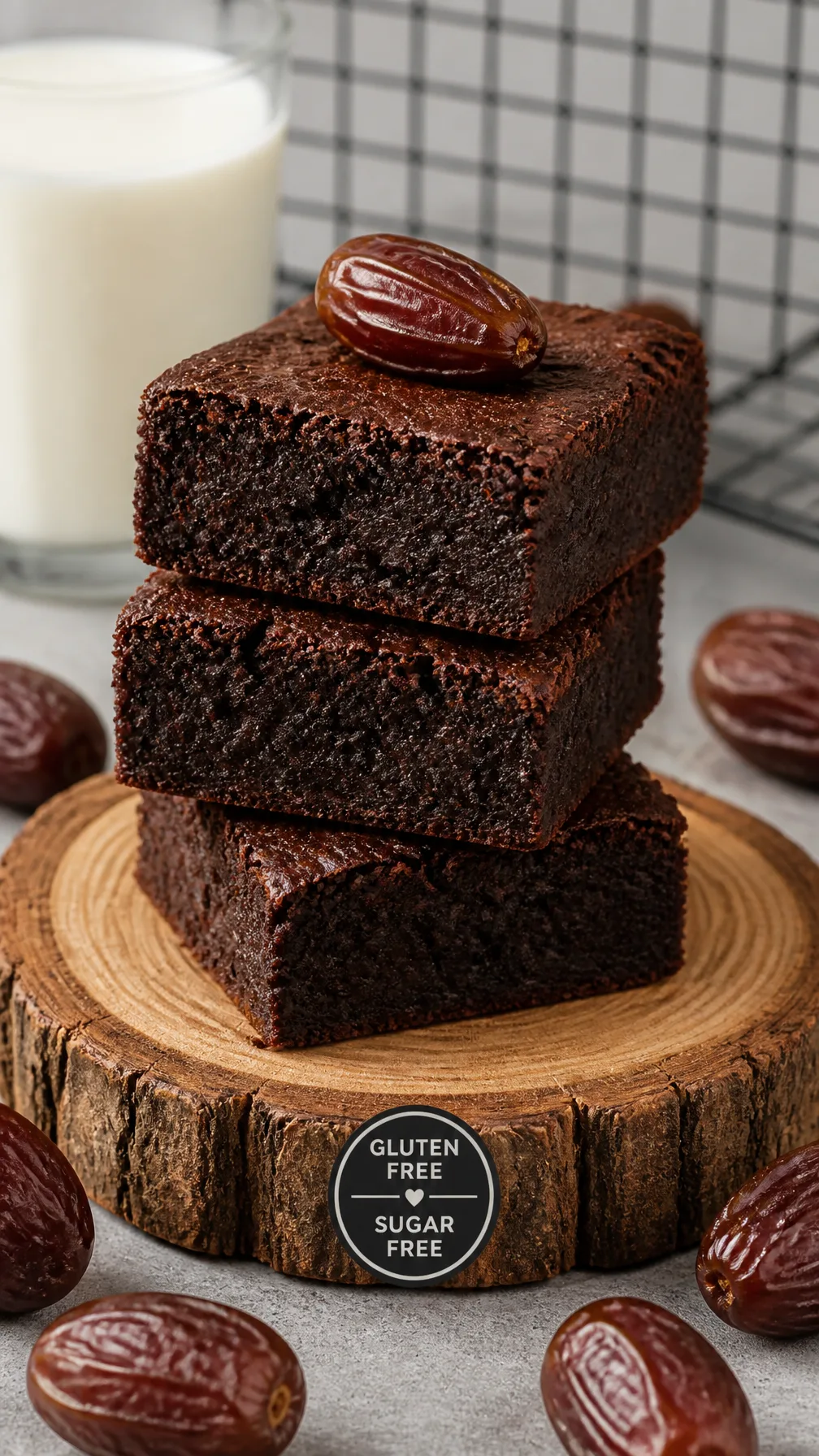 A stack of dense, dark chocolate brownies sits centered o...