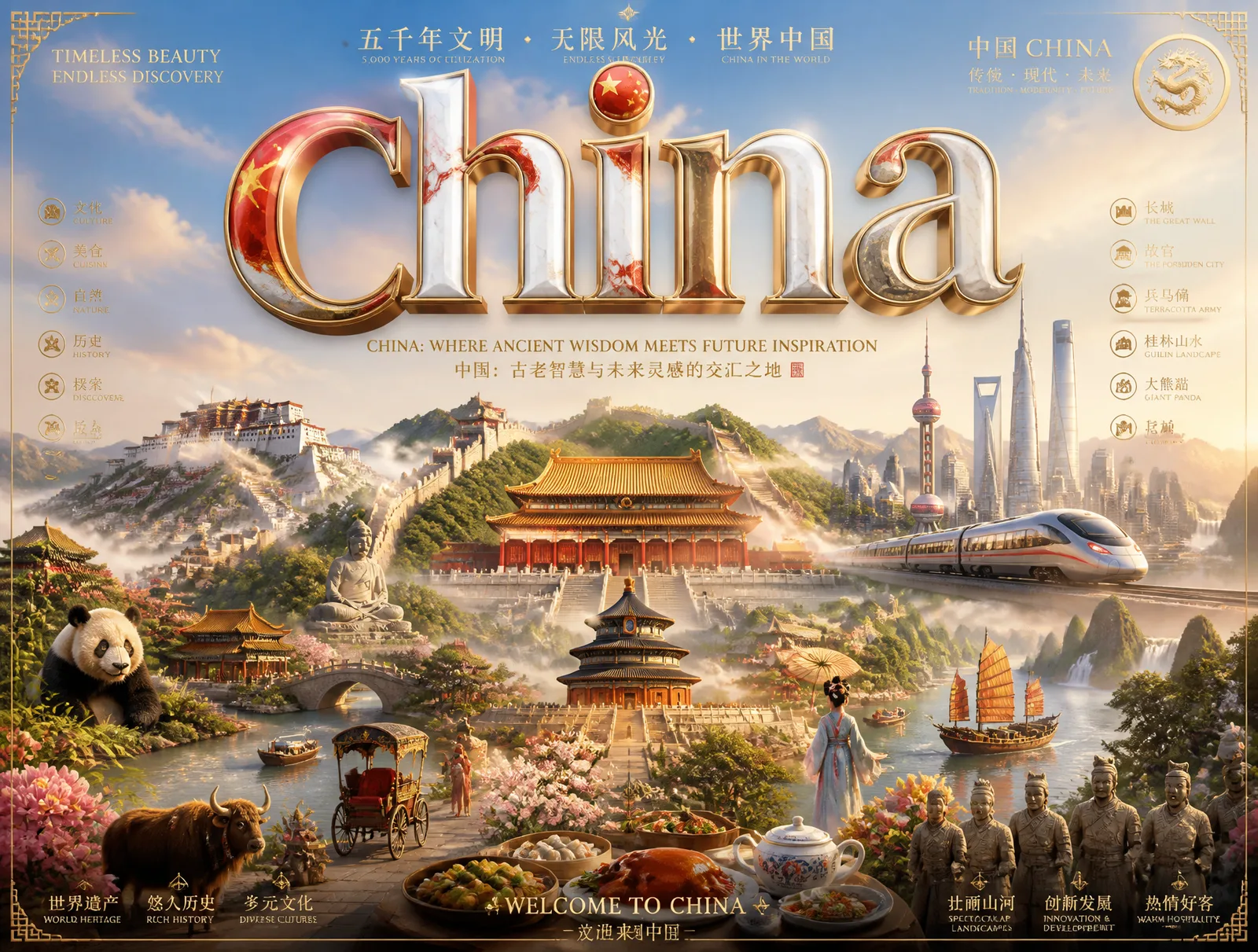 Ultra-premium cinematic 3D travel poster for [CHINA], bri...