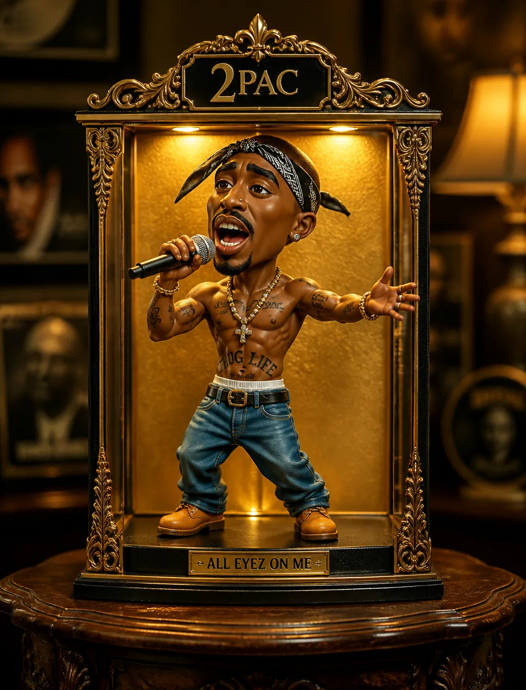 A stylized, exaggerated cartoon figurine of 2Pac, appeari...