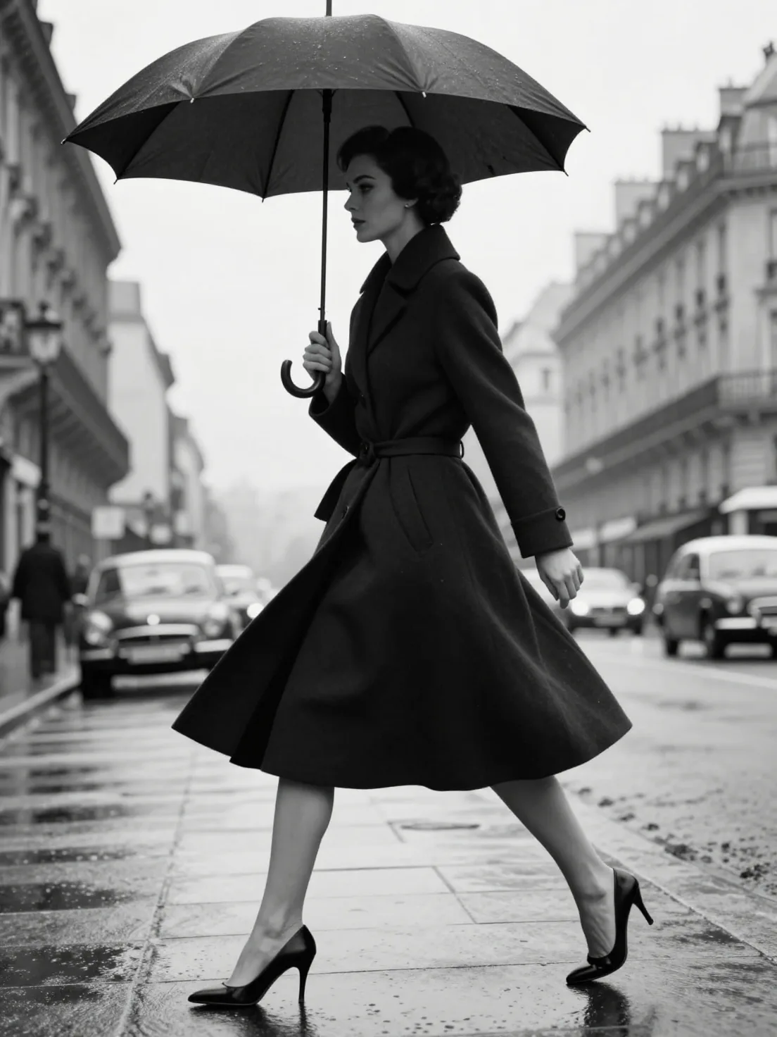 Create a black-and-white high-fashion editorial street ph...